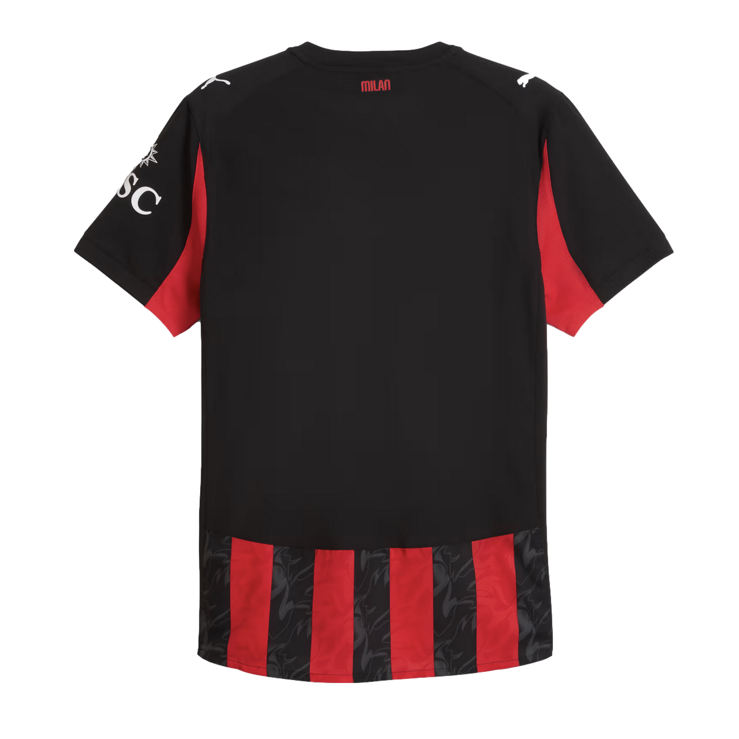 Back of a black AC Milan jersey with red accents, white Puma logos on the shoulders, and red-and-black stripes at the bottom. "MILAN" is printed on the back collar.