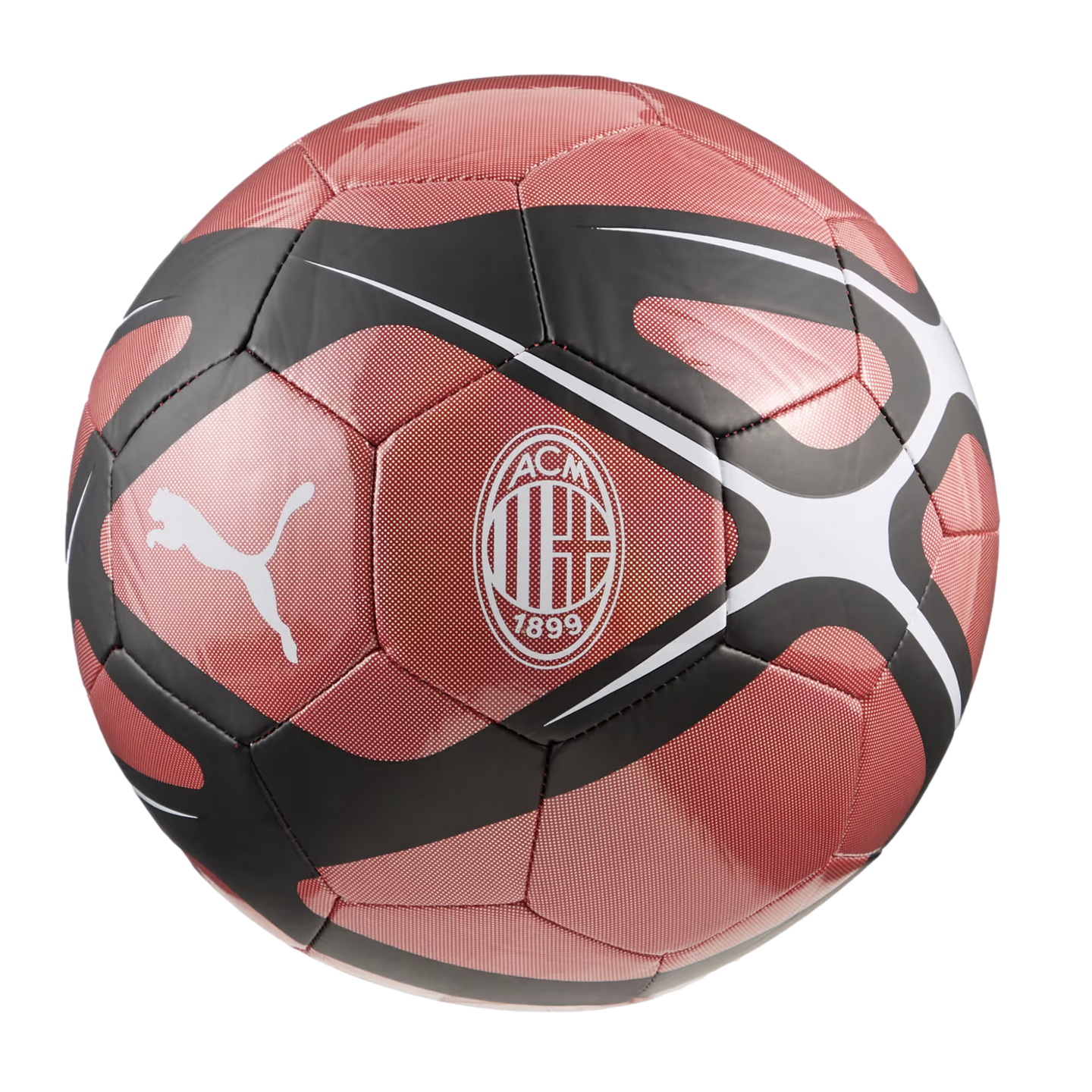 A red and black Puma soccer ball featuring the AC Milan club crest and white Puma logo.