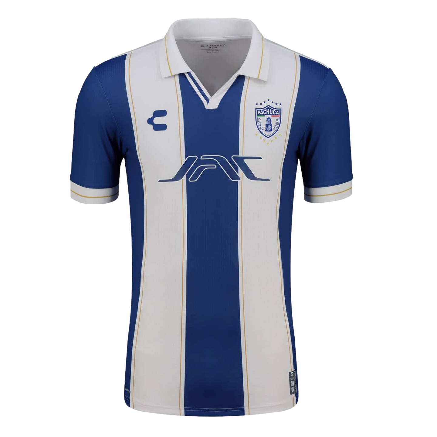 Blue and white striped Pachuca soccer jersey featuring a white polo collar, team crest, and JAC sponsor logo.
