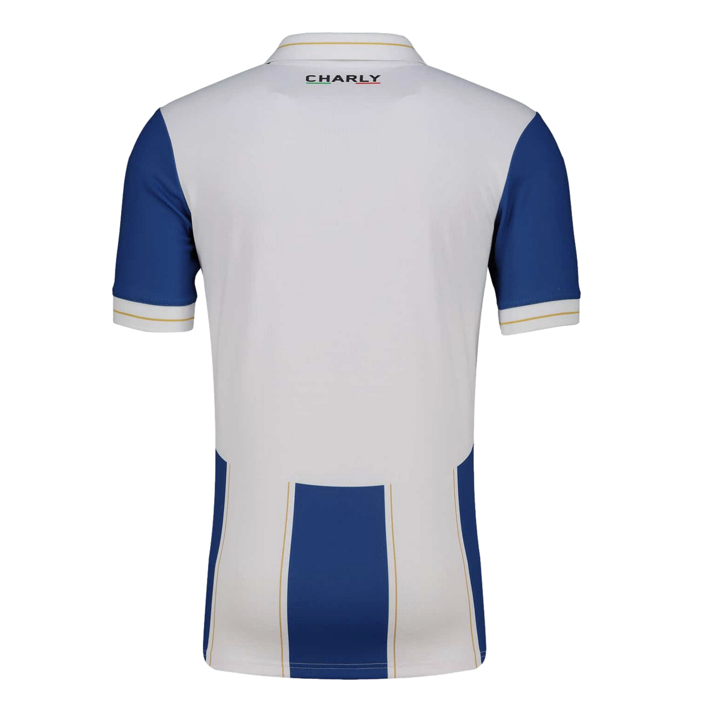 Back view of a white Charly brand jersey with royal blue sleeves. Features blue block details at the bottom hem and thin gold stripes on the collar and cuffs.