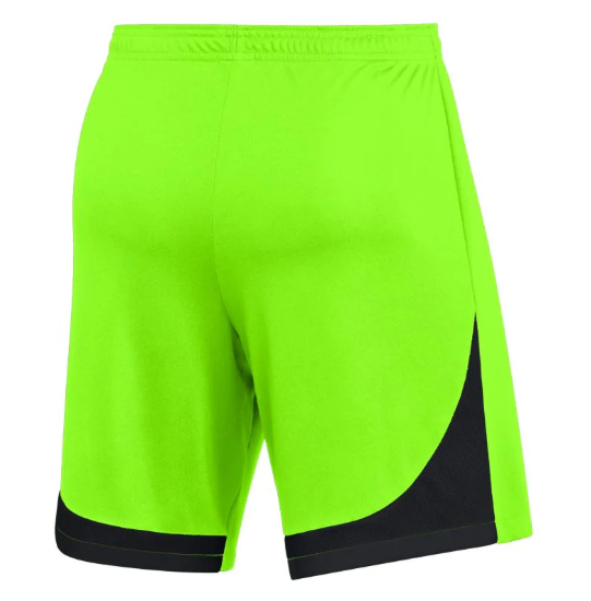 Rear view of neon green athletic shorts featuring curved black mesh side panels and black hem trim.
