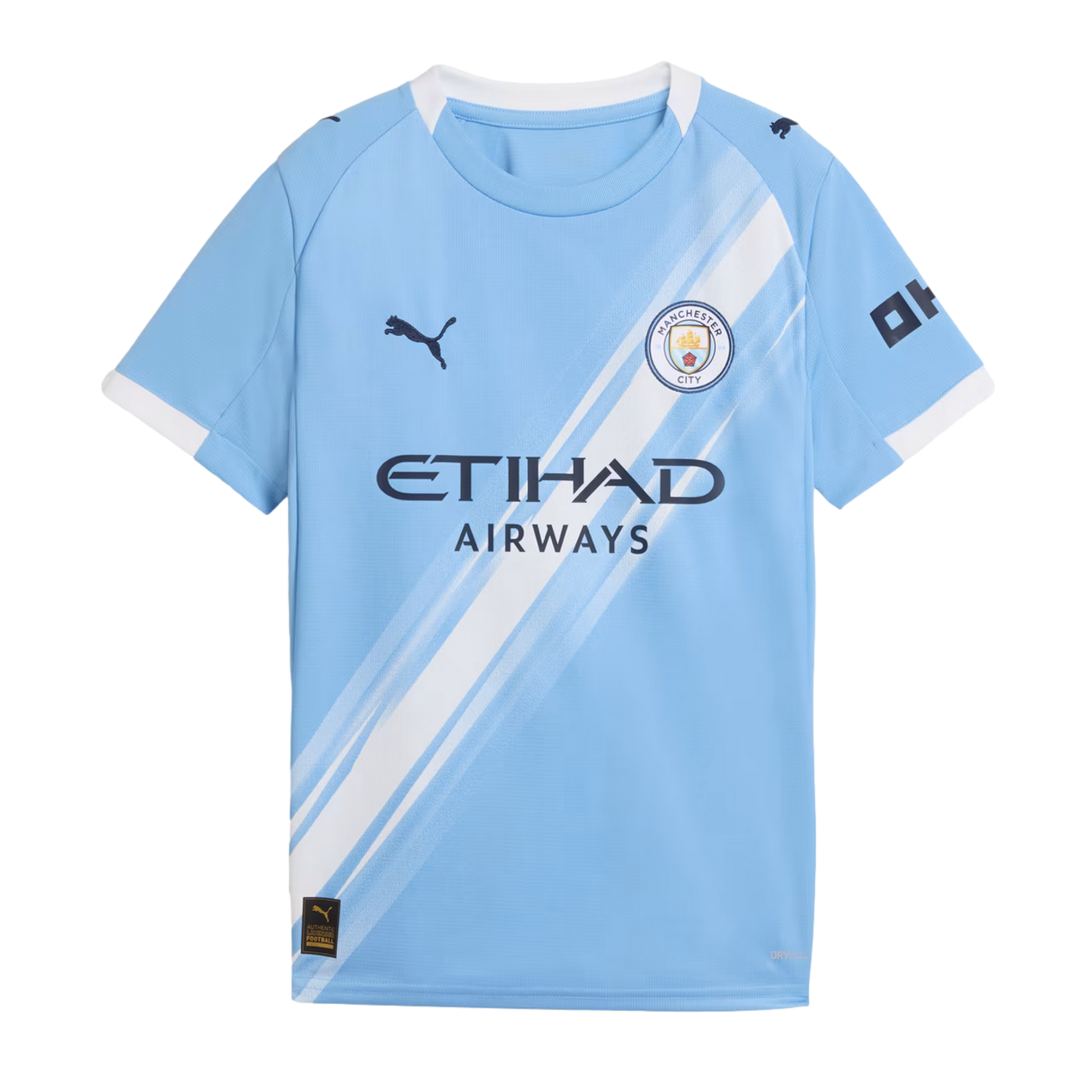 Sky blue Manchester City soccer jersey with a white diagonal sash, dark blue Puma and Etihad logos, and the club crest. Short-sleeved with white trim.