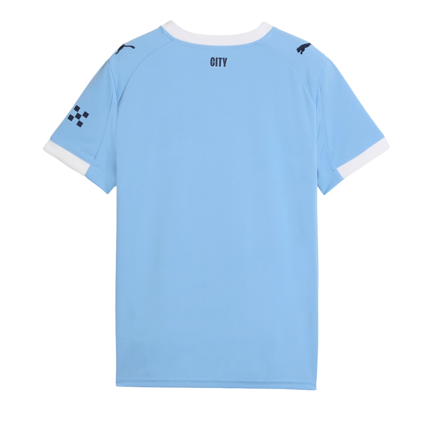 A back view of a light blue soccer jersey with white trim on the collar and sleeves. It features black 'CITY' text on the neck and Puma logos on the shoulders.