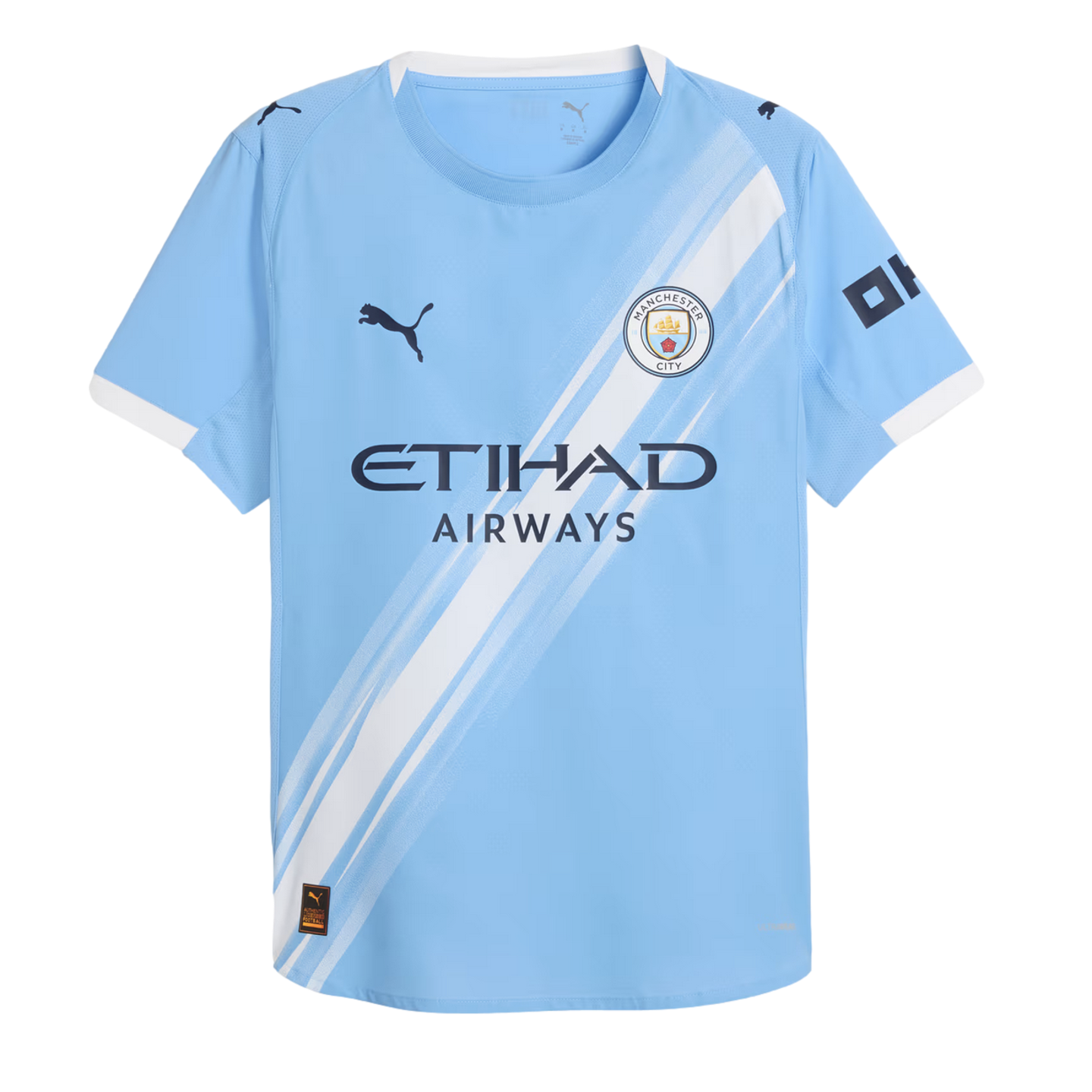 Manchester City light blue Puma football jersey featuring a white diagonal sash, team crest, and Etihad Airways sponsor logo.