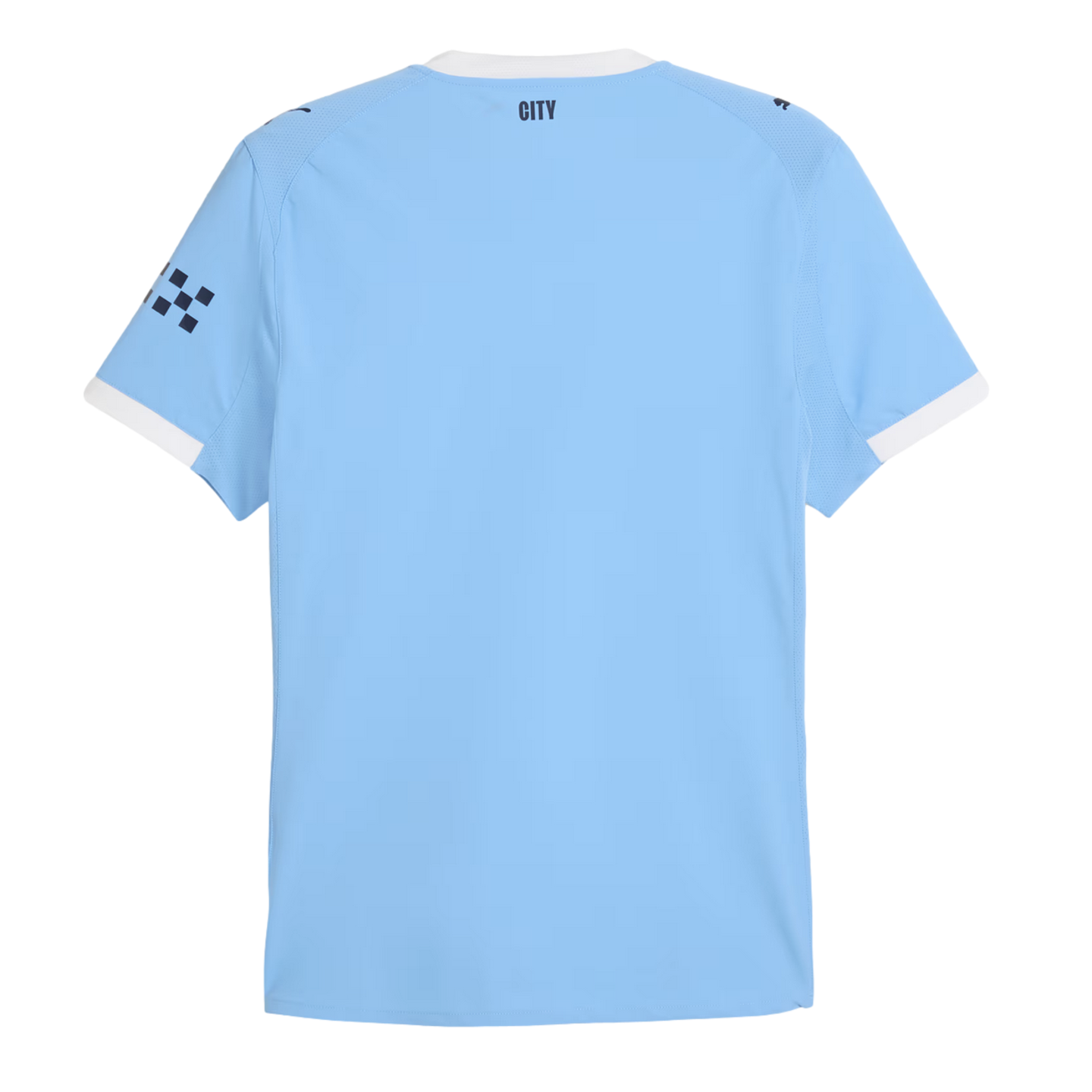Back view of a light blue short-sleeved soccer jersey with white trim on the collar and sleeves. The word "CITY" is printed in dark blue on the upper back neck.