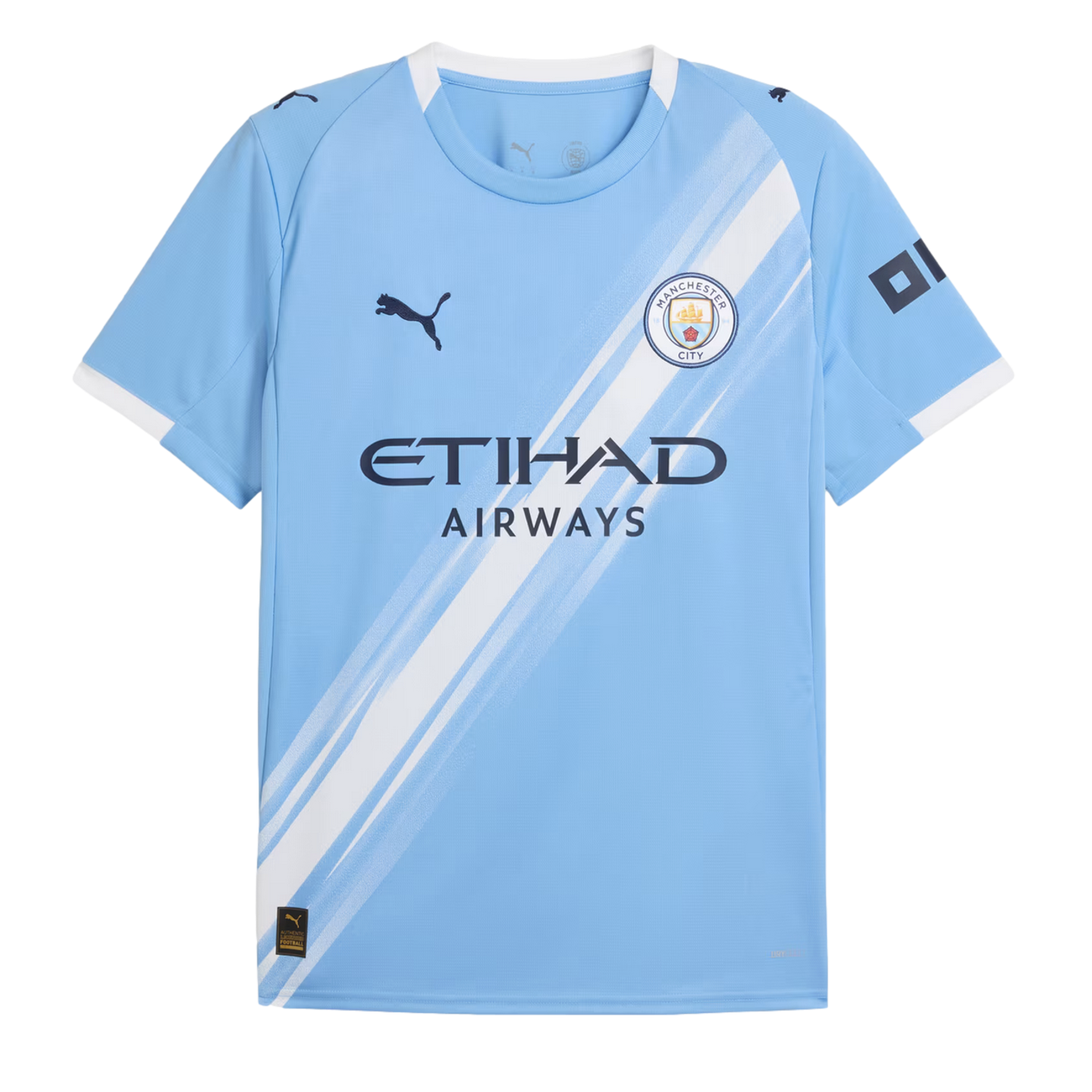 Manchester City light blue home football jersey featuring a white diagonal sash, Puma logo, Manchester City crest, and Etihad Airways sponsor.