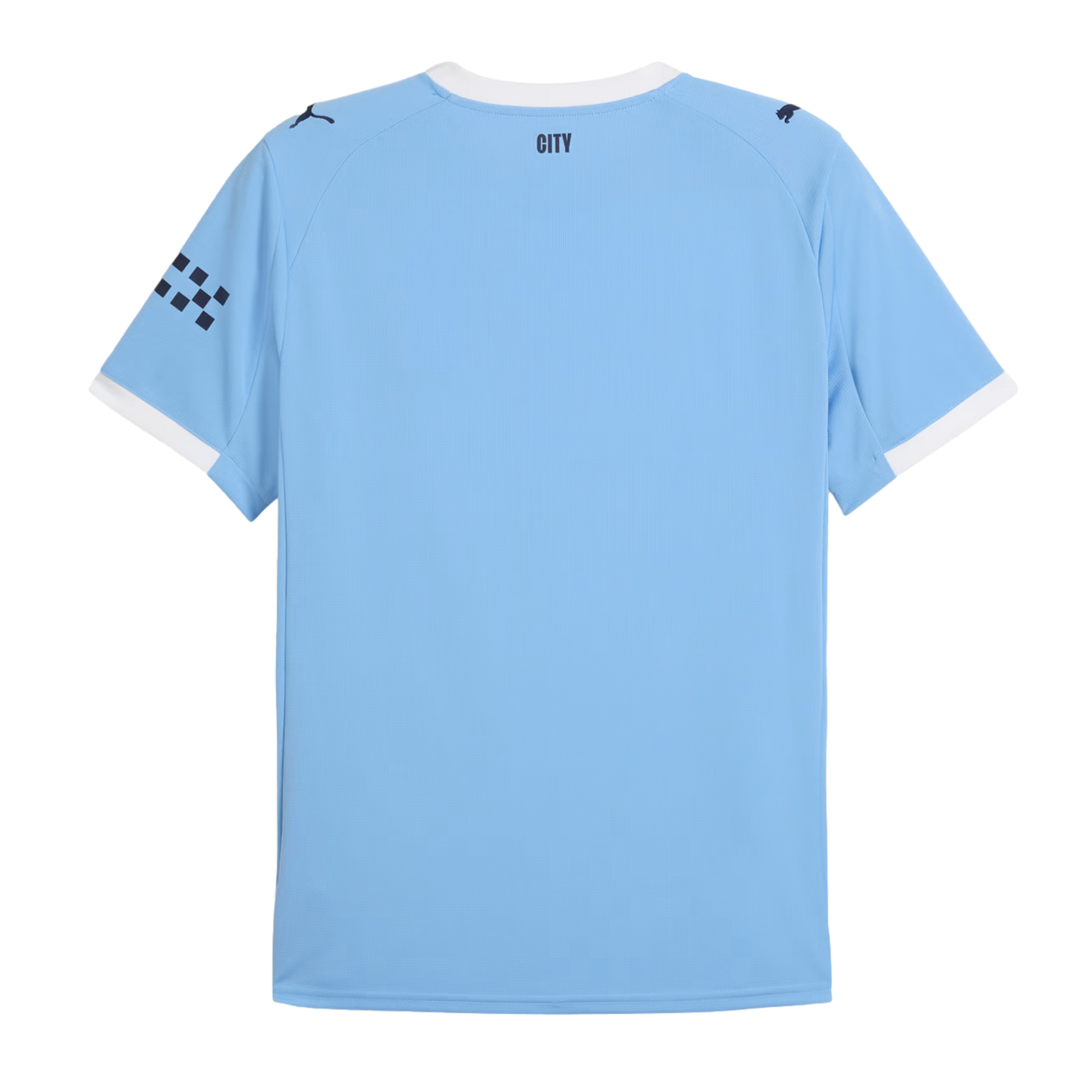 The back of a light blue short-sleeved football jersey with white trim, Puma shoulder logos, and "CITY" printed on the upper back.