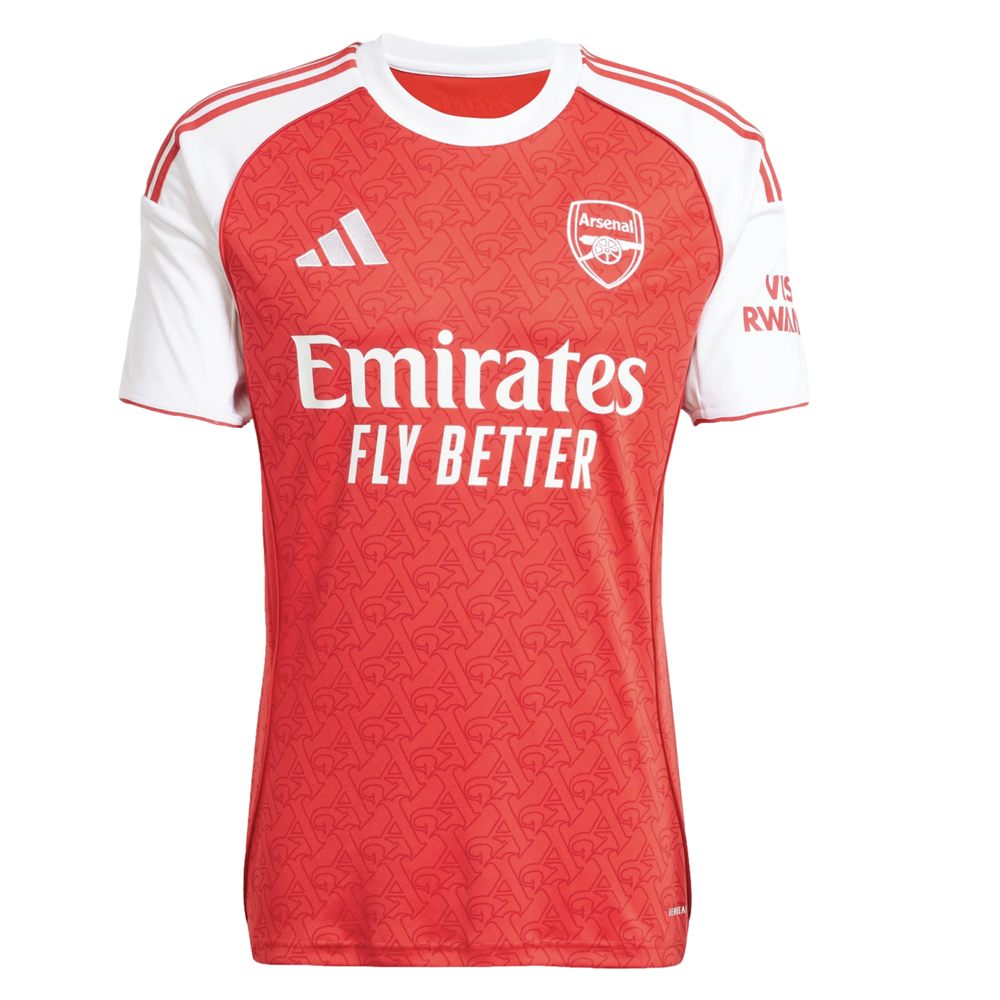 Adidas Arsenal home football jersey featuring a red patterned body, white sleeves, and the "Emirates FLY BETTER" sponsor logo.