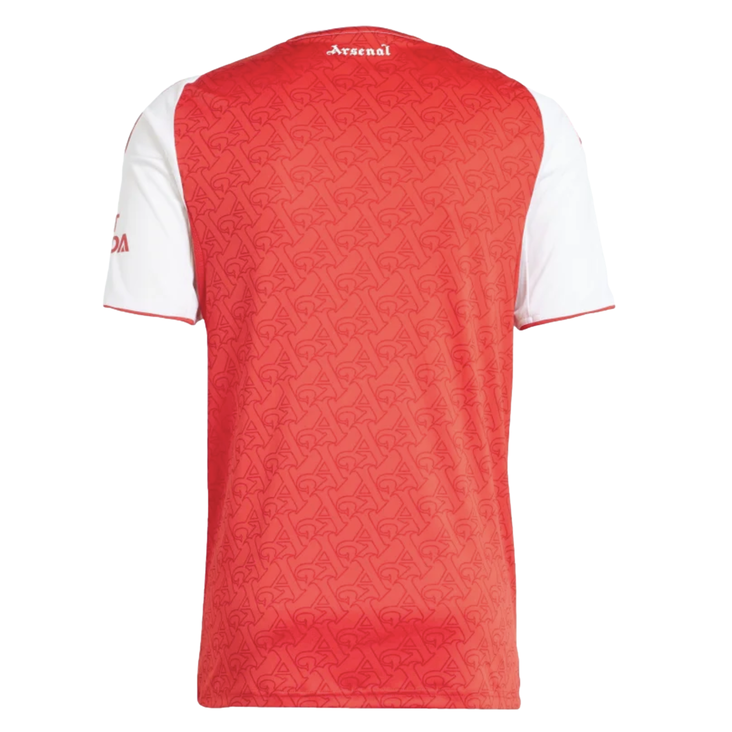 Back view of a red and white Arsenal jersey featuring a tonal repeating pattern and white "Arsenal" script on the back of the neck.