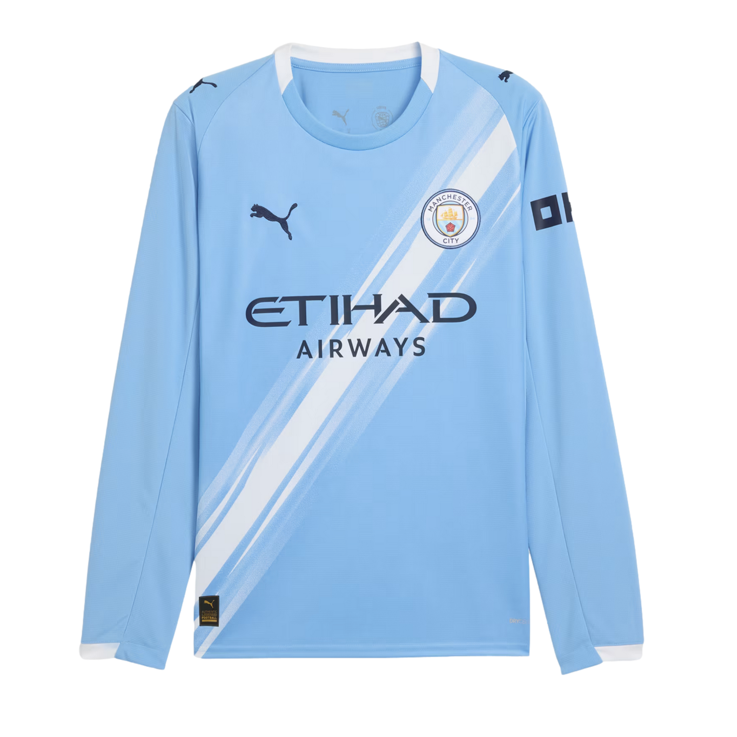 Long-sleeved light blue Manchester City Puma soccer jersey featuring a diagonal white sash, the club crest, and Etihad Airways sponsor logo.