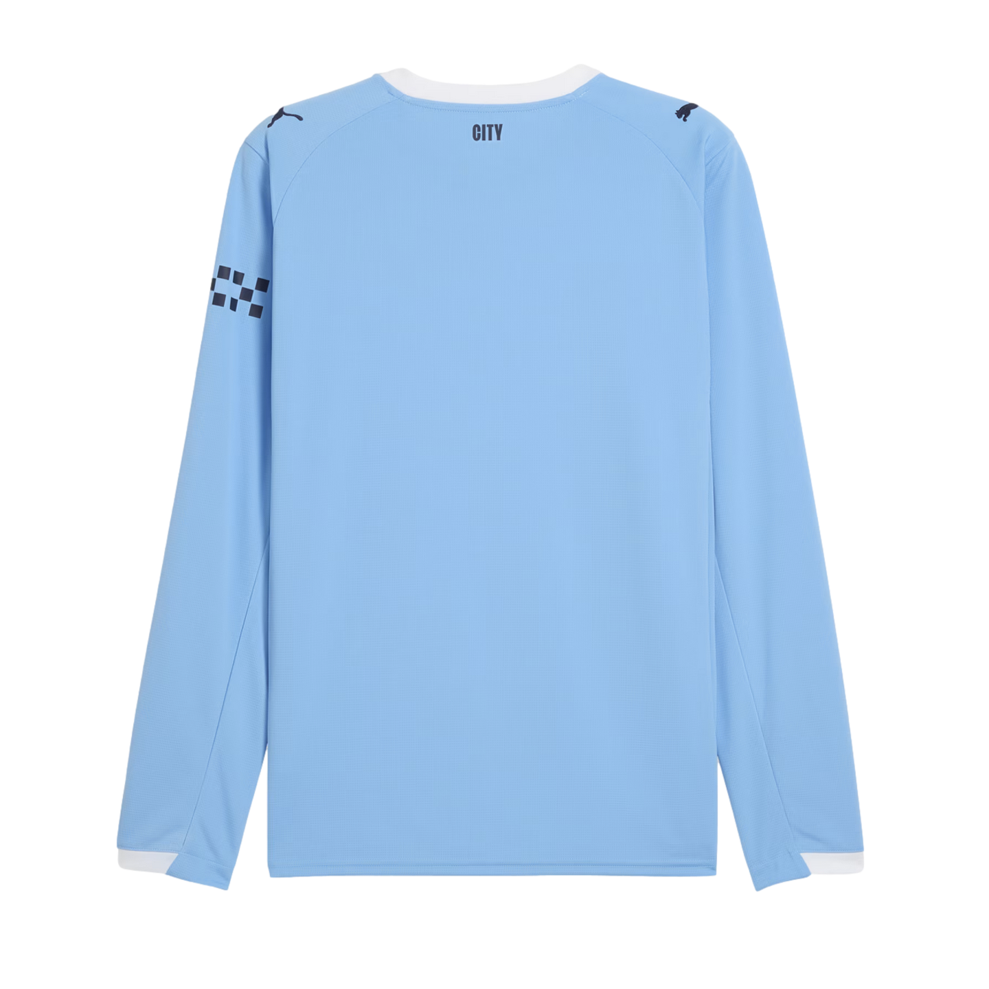 Back view of a light blue long-sleeved jersey with "CITY" printed below the white neckline, Puma logos on the shoulders, and a black checkered pattern on the left sleeve.