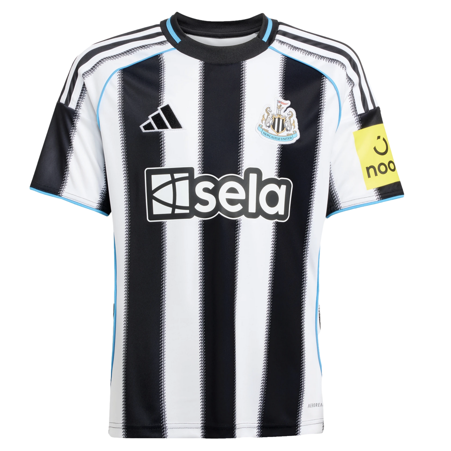 Newcastle United home jersey with black and white vertical stripes, blue trim, club crest, Adidas logo, and "sela" sponsor. A yellow "noon" patch is visible on the sleeve.