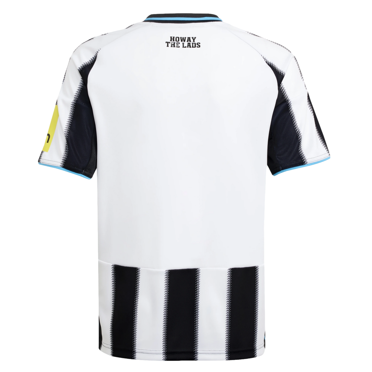 Back of a white Newcastle United football jersey featuring black stripes, light blue trim, and "HOWAY THE LADS" text on the upper back.