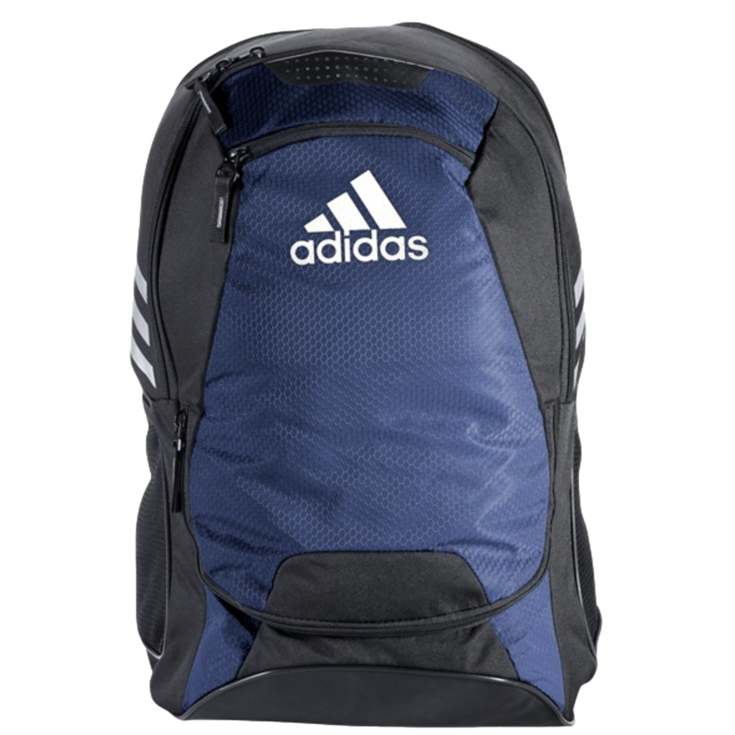 A black and blue Adidas backpack featuring a large white logo on a honeycomb-textured front panel and multiple zippered compartments.