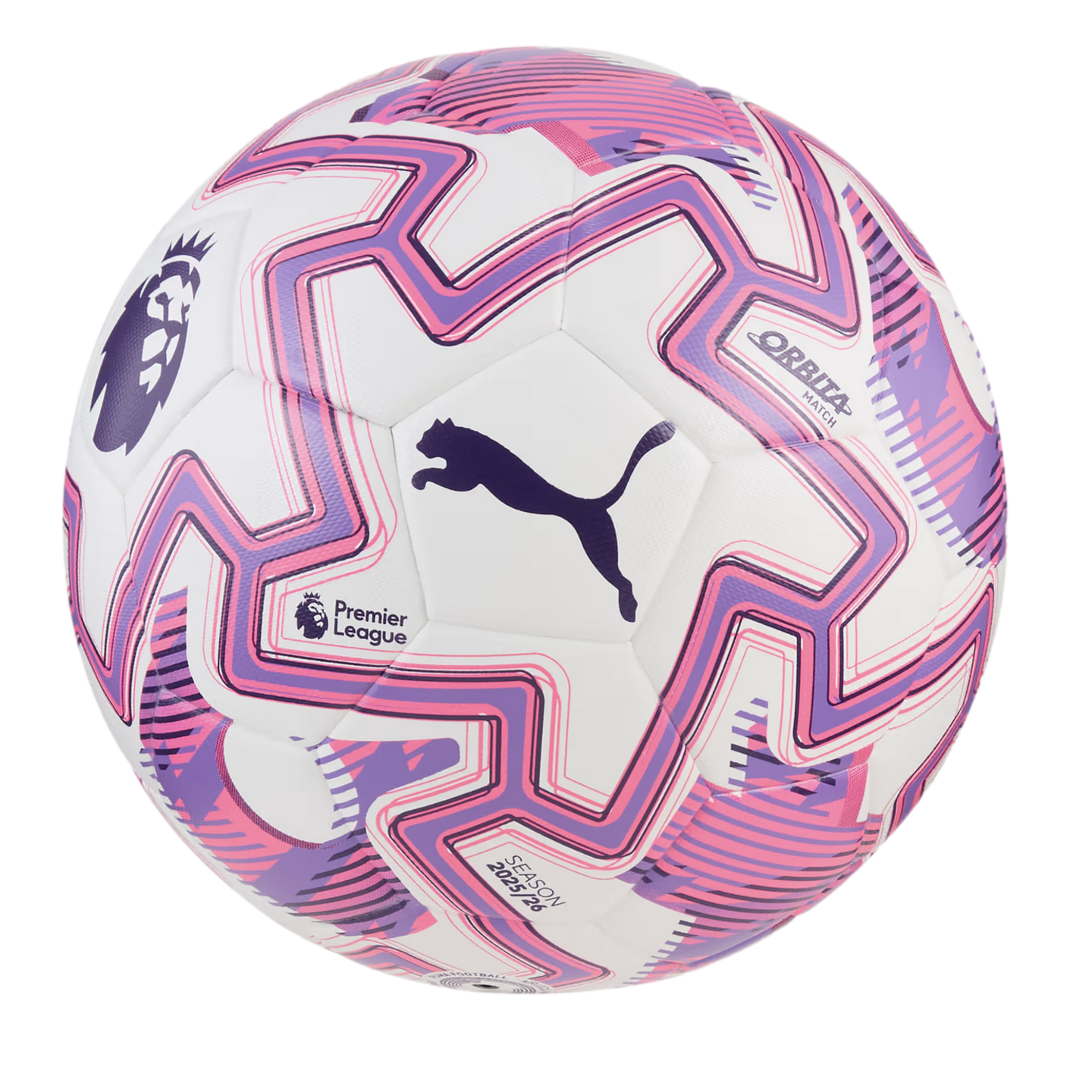 White Puma Premier League soccer ball with pink and purple zig-zag patterns and "Season 2025/26" branding.