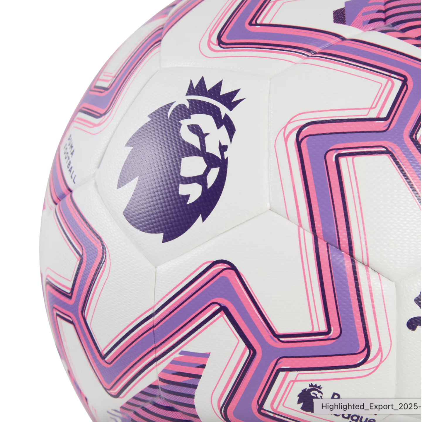Close-up of a white soccer ball with purple and pink geometric patterns and the Premier League lion logo.