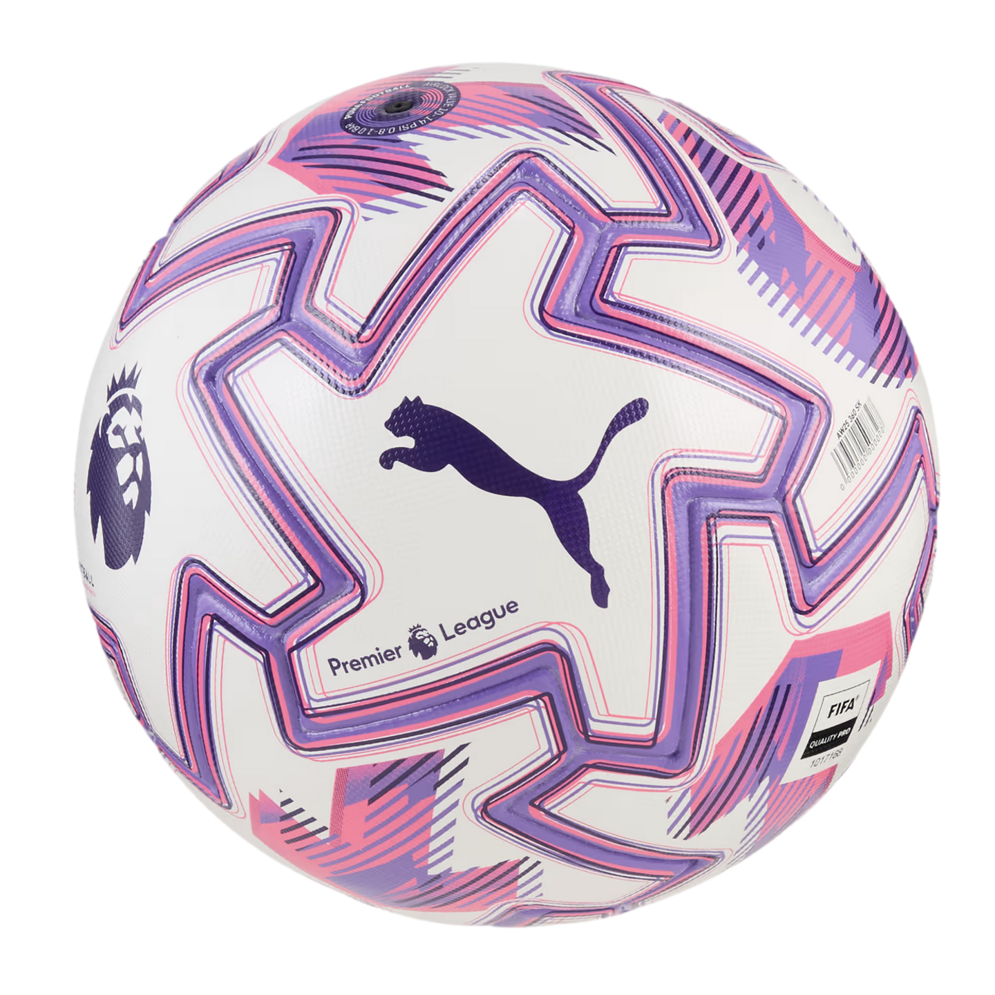 White Puma Premier League football with purple and pink zigzag patterns, featuring the Puma cat logo and the Premier League lion emblem.