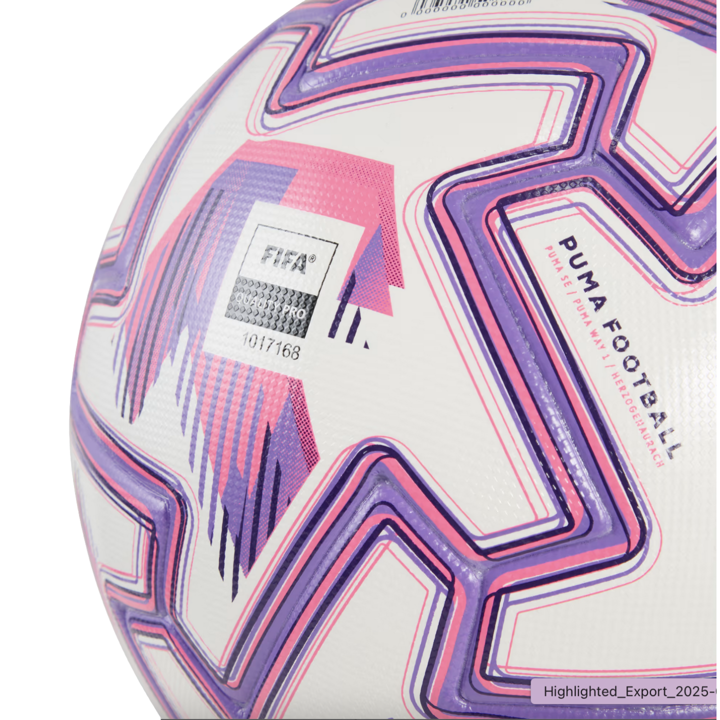 Close-up of a white Puma soccer ball featuring pink and purple geometric patterns, a FIFA Quality Pro logo, and the text "PUMA FOOTBALL."