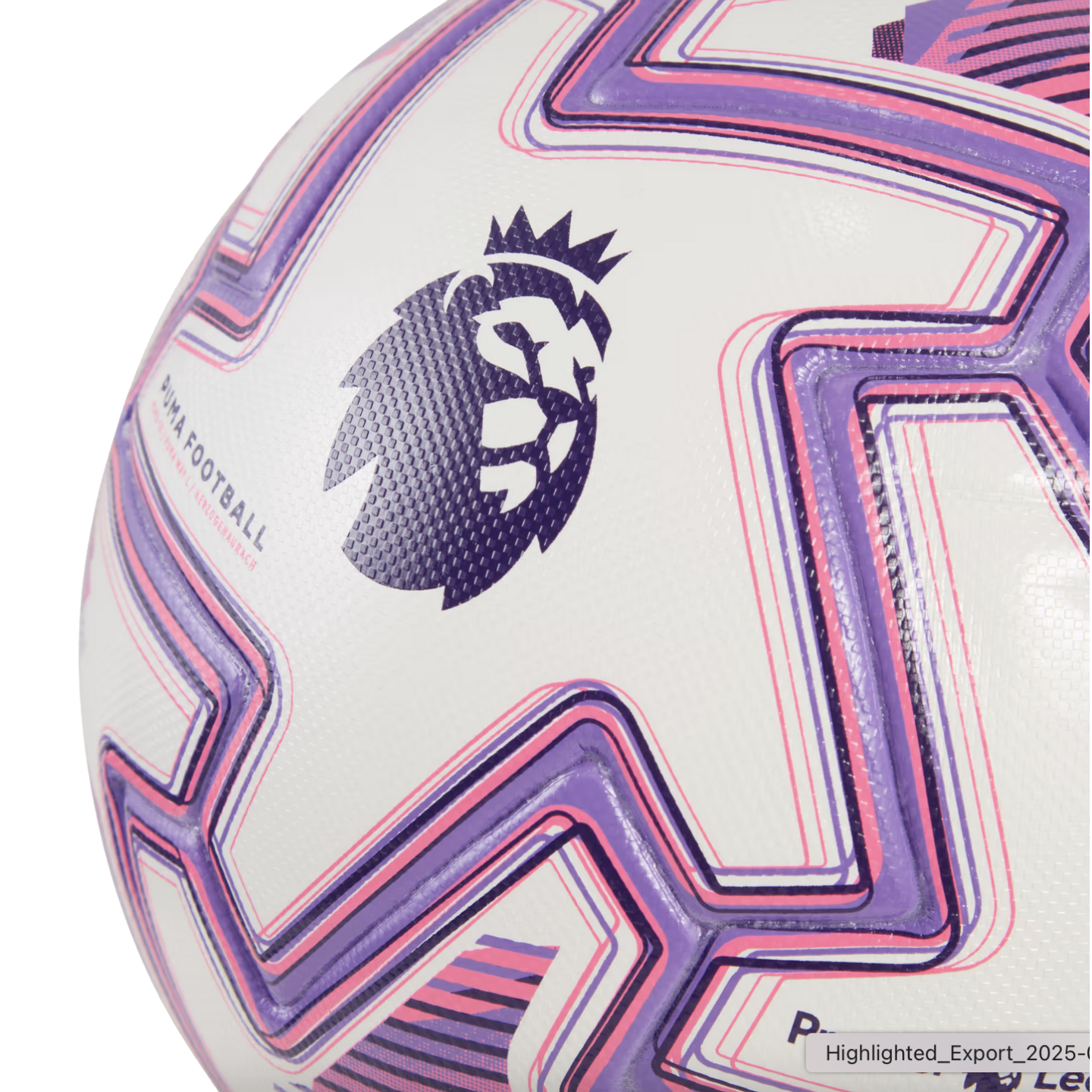 Close-up of a white Puma soccer ball featuring the Premier League lion logo and purple and pink geometric patterns.