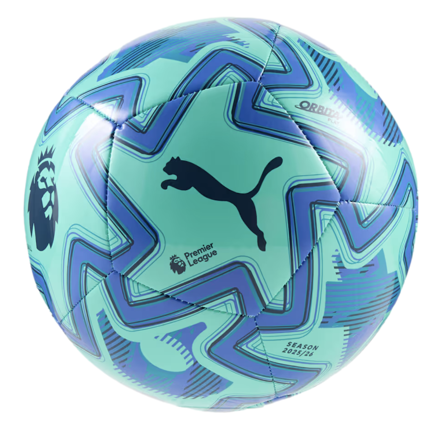 A teal and navy Puma football featuring geometric zig-zag patterns, the Premier League lion logo, and the text "SEASON 2025/26."