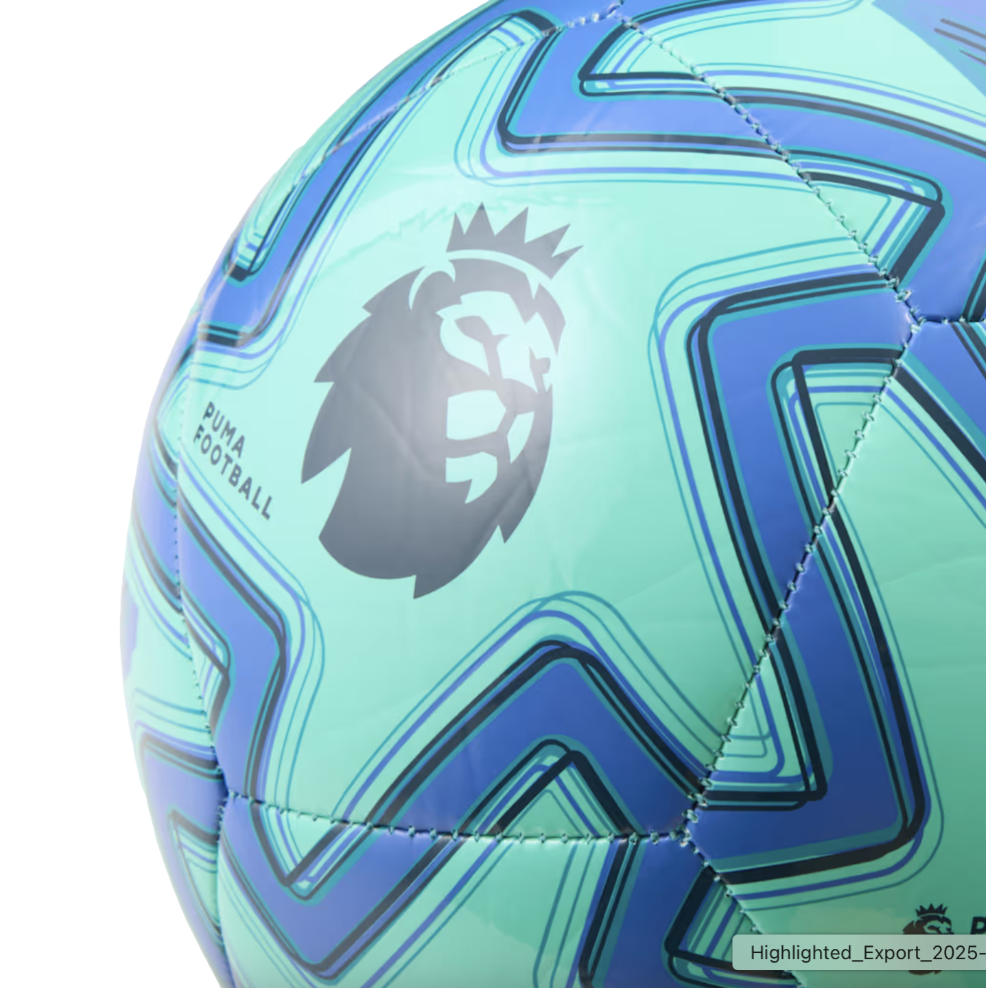 Close-up of a teal and blue Puma soccer ball with angular patterns and the Premier League lion logo in dark grey.