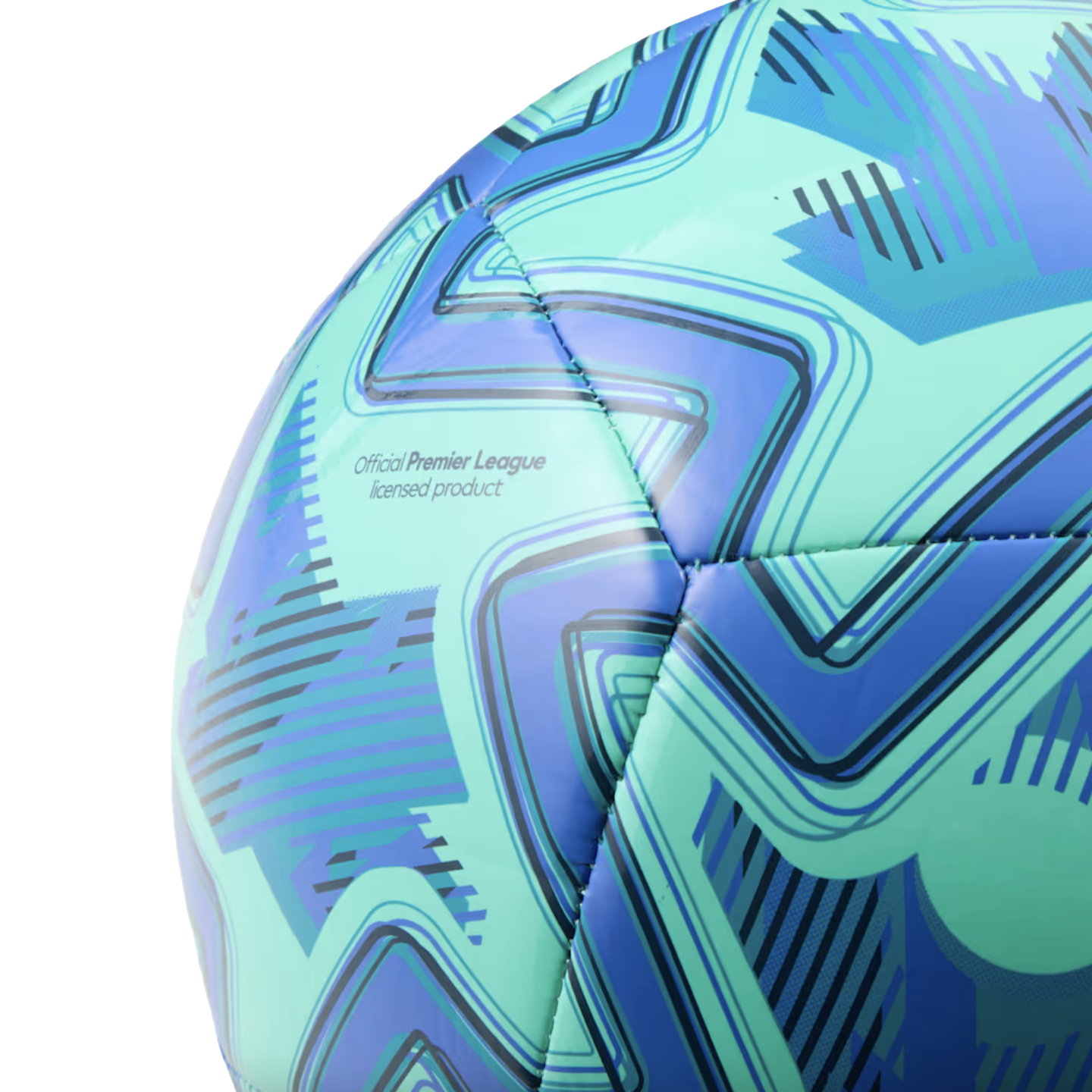 Close-up of a teal and blue soccer ball with geometric patterns and "Official Premier League licensed product" text, isolated on white.