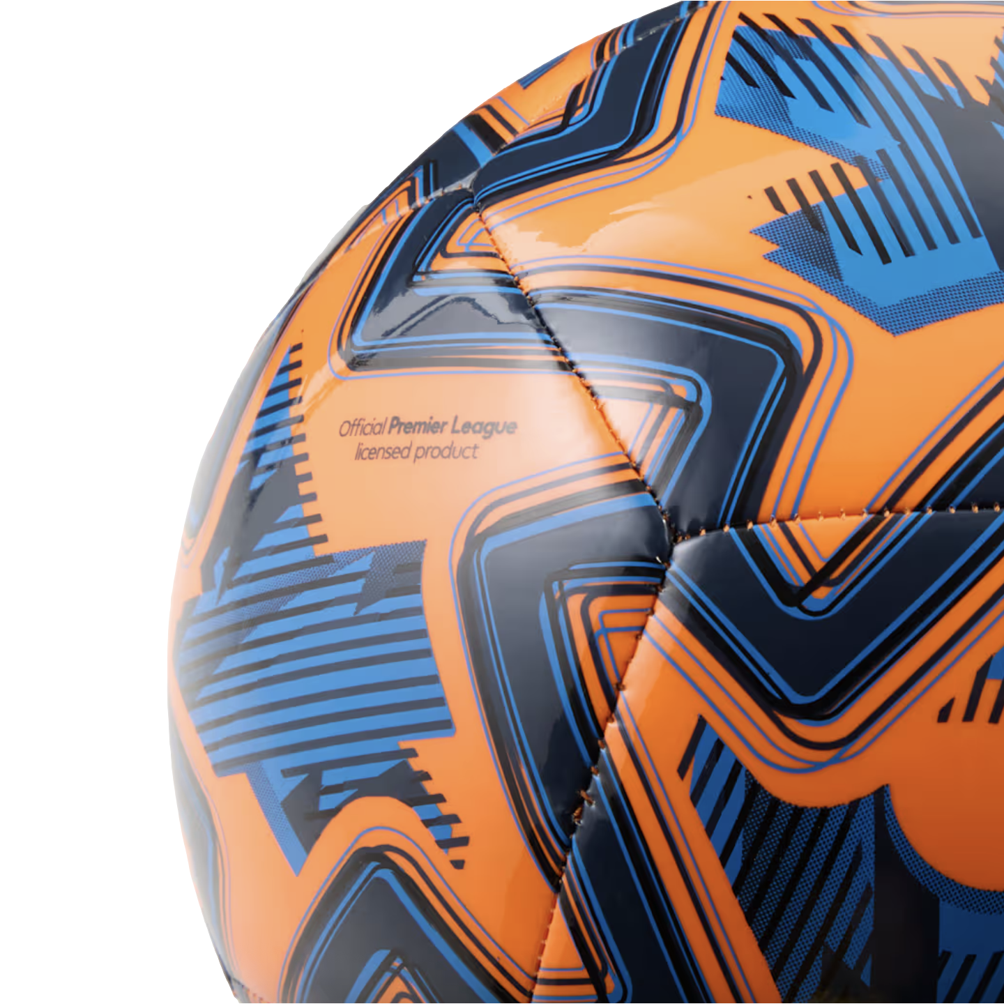 A close-up of a glossy orange and blue soccer ball with geometric patterns and the text "Official Premier League licensed product."