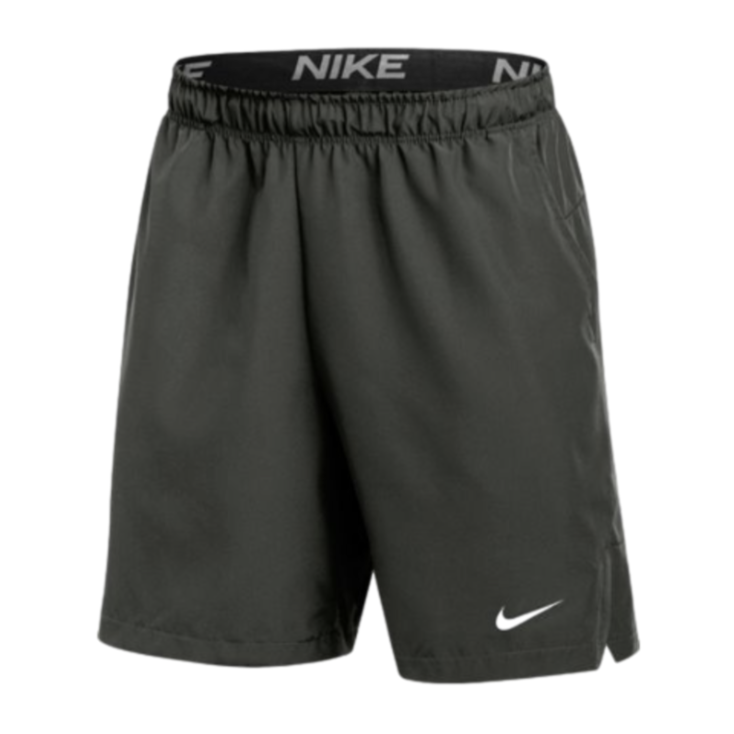 Dark grey Nike athletic shorts featuring a branded elastic waistband and a white swoosh logo on the lower left leg.