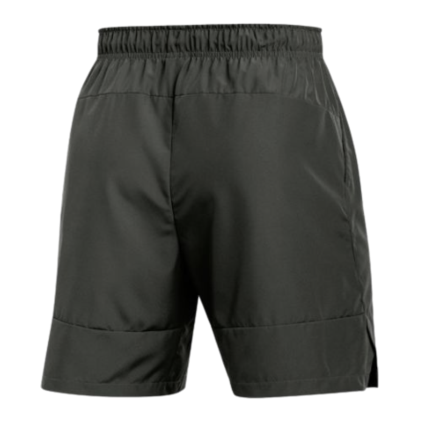 Rear view of dark gray athletic shorts featuring an elastic waistband and side slits.