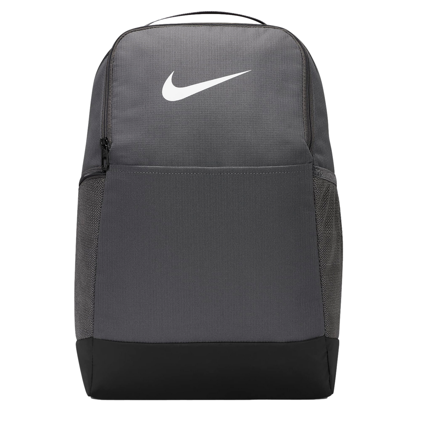 Dark grey and black Nike backpack with a large white swoosh logo on the front, side mesh pockets, and a top carry handle.