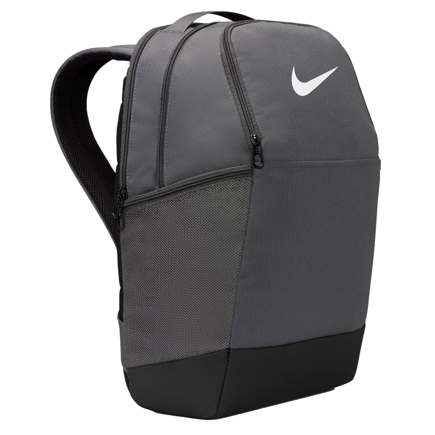 A dark gray and black Nike backpack with a white swoosh, multiple zippered sections, and a side mesh pocket, shown from a three-quarter side angle on a white background.
