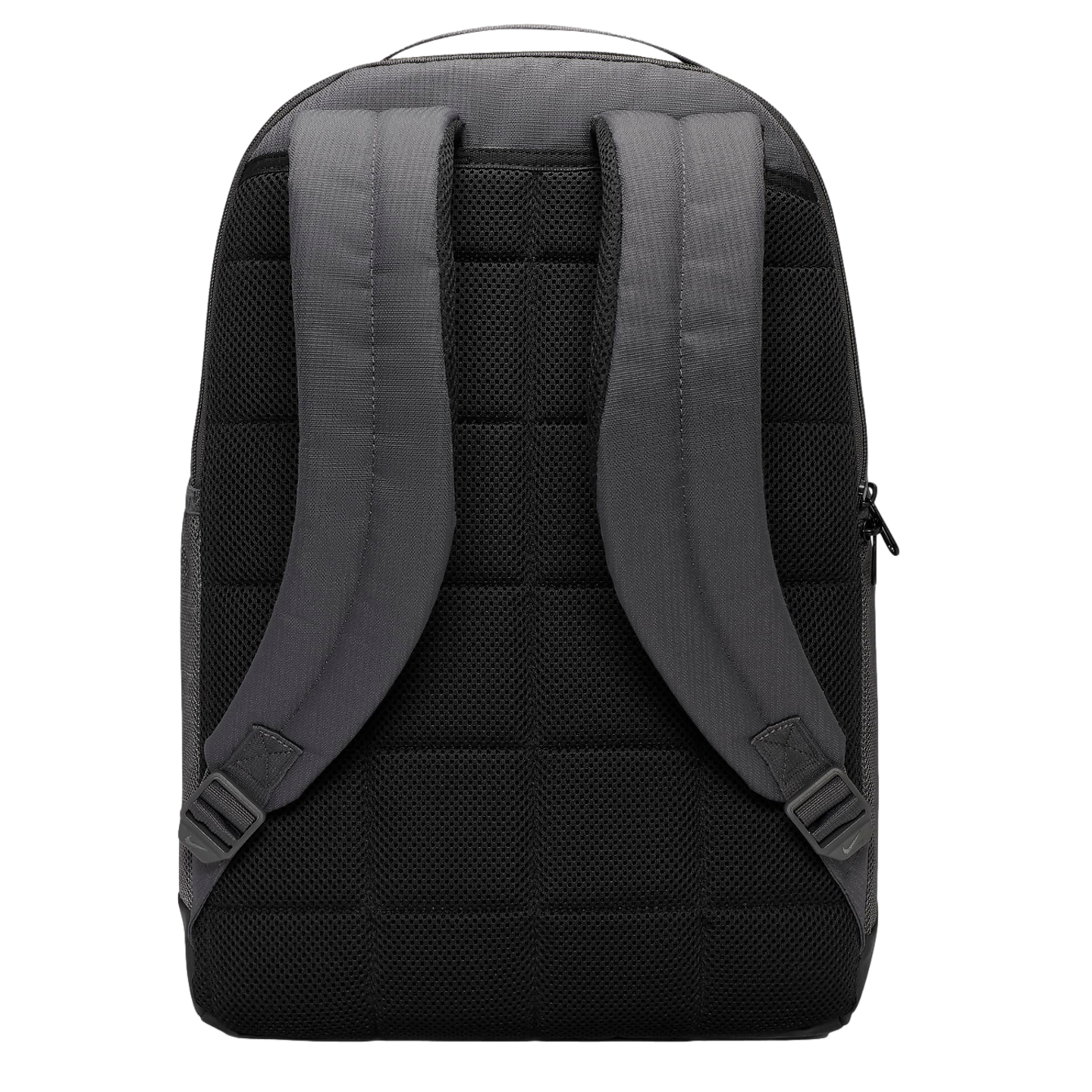 Back view of a grey Nike backpack featuring padded shoulder straps and a black, quilted mesh back panel.