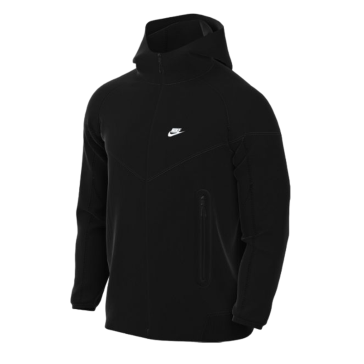 A black Nike Sportswear Tech Fleece full-zip hoodie featuring a white logo on the chest and a vertical zip pocket on the sleeve.
