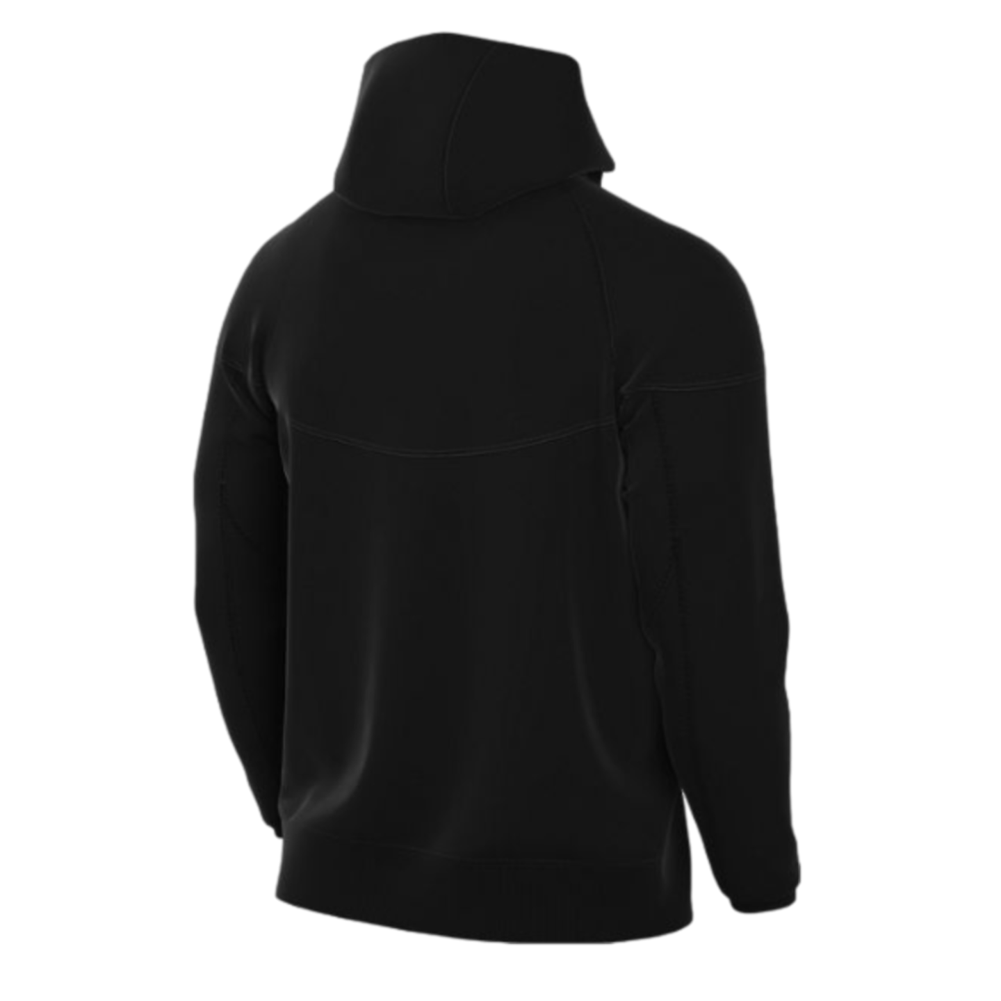 Rear view of a black hoodie with the hood up, featuring raglan sleeves and a curved back yoke seam.