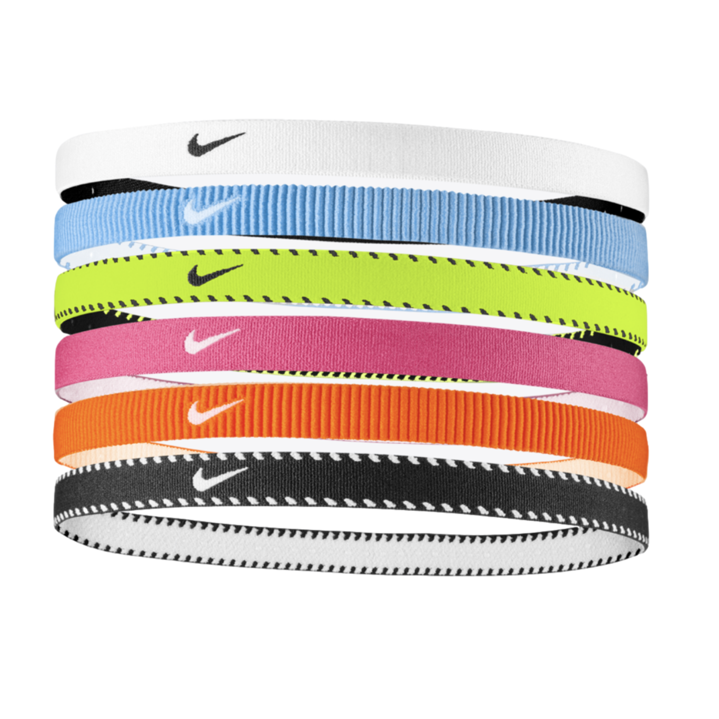 Stack of six Nike headbands in white, light blue, neon green, pink, orange, and black, each featuring a small Nike swoosh logo.