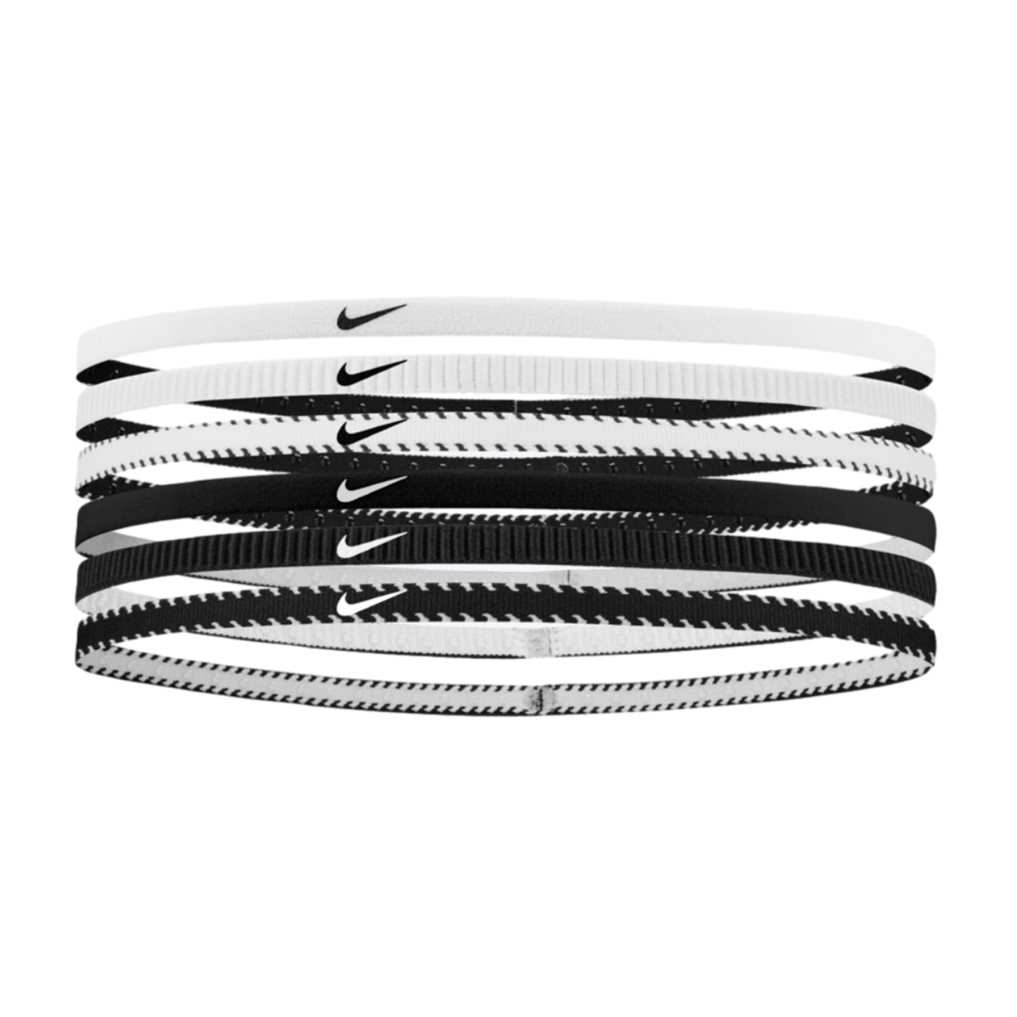 A set of six thin Nike headbands in black and white, featuring solid, ribbed, and zigzag patterns with the iconic swoosh logo on each.