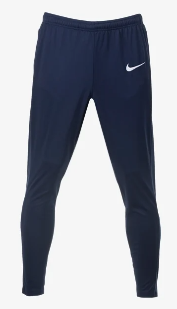 A pair of navy blue Nike track pants with a white swoosh logo on the left leg, featuring a tapered fit and elastic waistband.