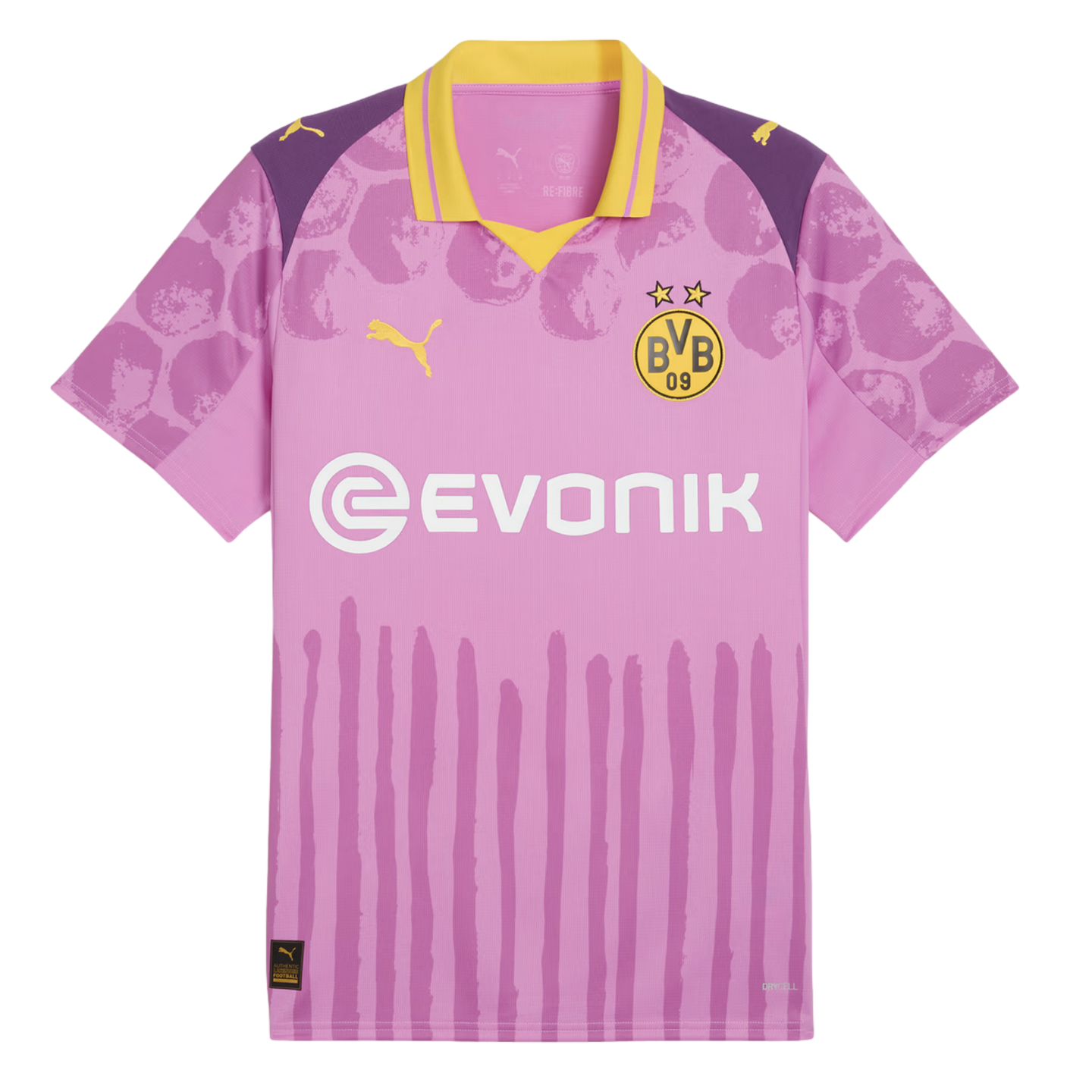 A pink Puma Borussia Dortmund football jersey with purple patterned sleeves, a yellow collar, and a white "Evonik" sponsor logo.