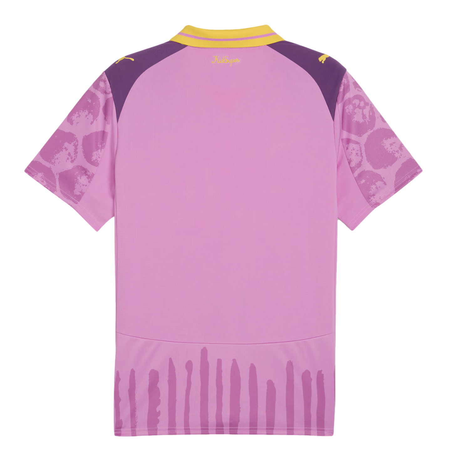 Back of a pink jersey with purple shoulders, yellow collar, and yellow branding. Includes patterned sleeves and vertical purple brushstroke-style stripes along the bottom hem.