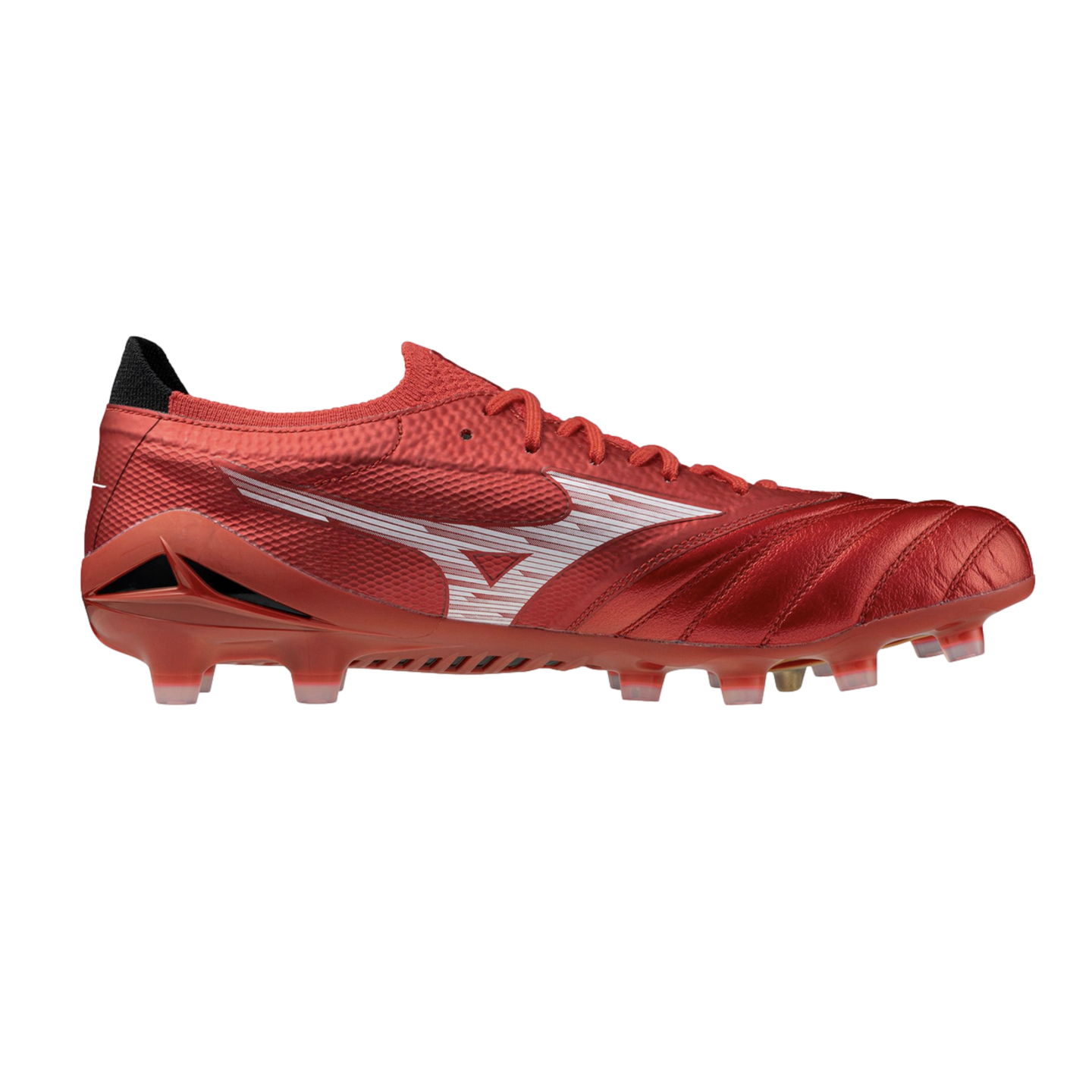 A side profile of a vibrant red Mizuno soccer cleat with a white logo and studded soleplate, set against a plain white background.