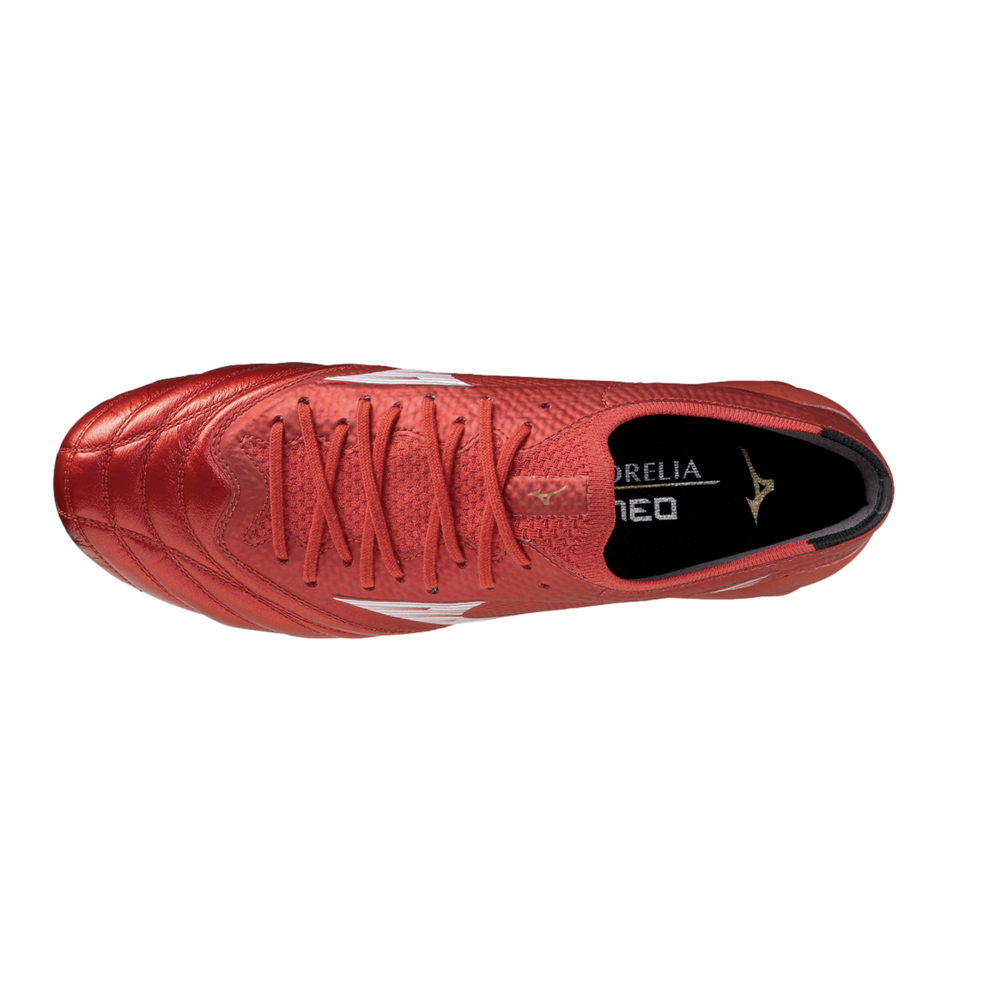 Top-down view of a metallic red Mizuno Morelia Neo soccer cleat on a white background.