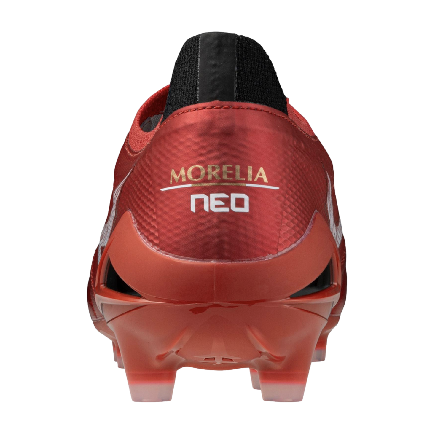 Rear view of a metallic red soccer cleat with "MORELIA NEO" text on the heel, a black knit collar, and molded red studs.