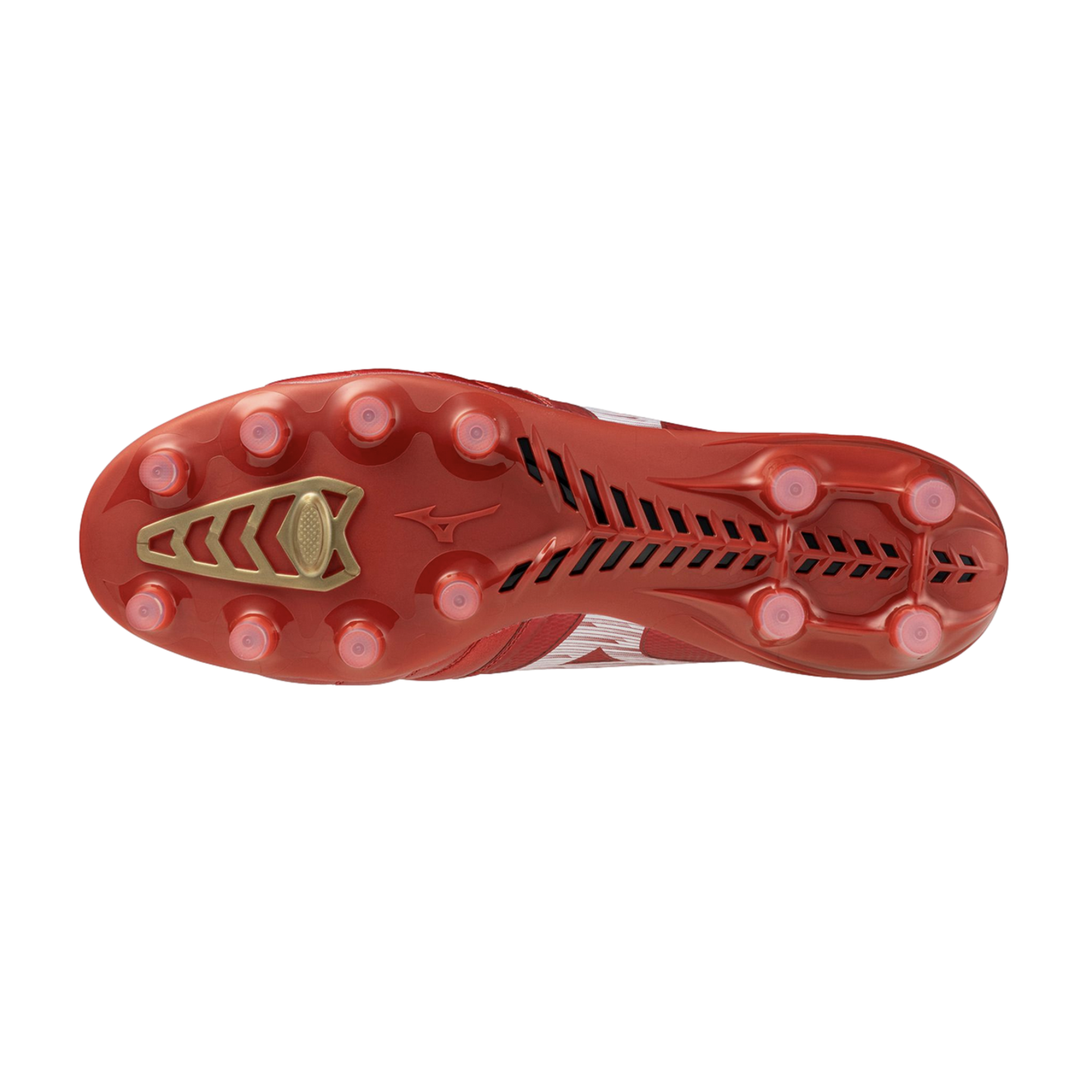 Underneath view of a red Mizuno soccer boot featuring a soleplate with several round studs, a gold forefoot element, and a central black rib design.