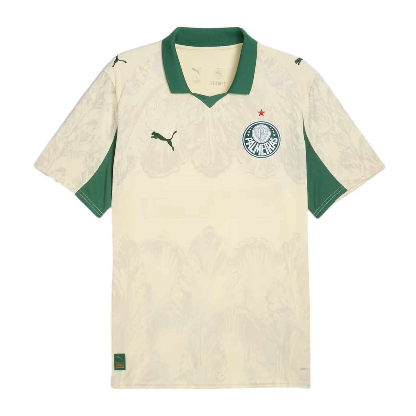 Cream Puma Palmeiras soccer jersey with a green collar and side panels, featuring faint floral patterns and the team crest with a red star on the chest.