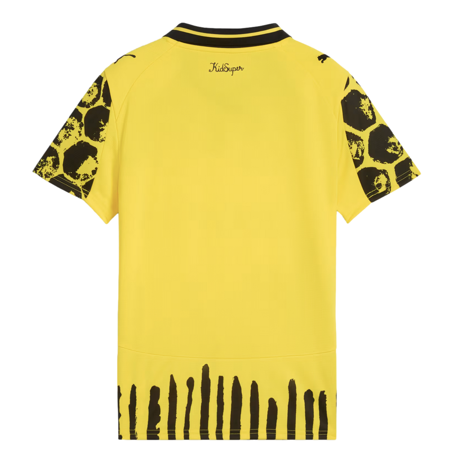 Back view of a yellow short-sleeved jersey with black leopard-print sleeves, a "KidSuper" logo below the collar, and vertical black brushstroke patterns along the bottom hem.