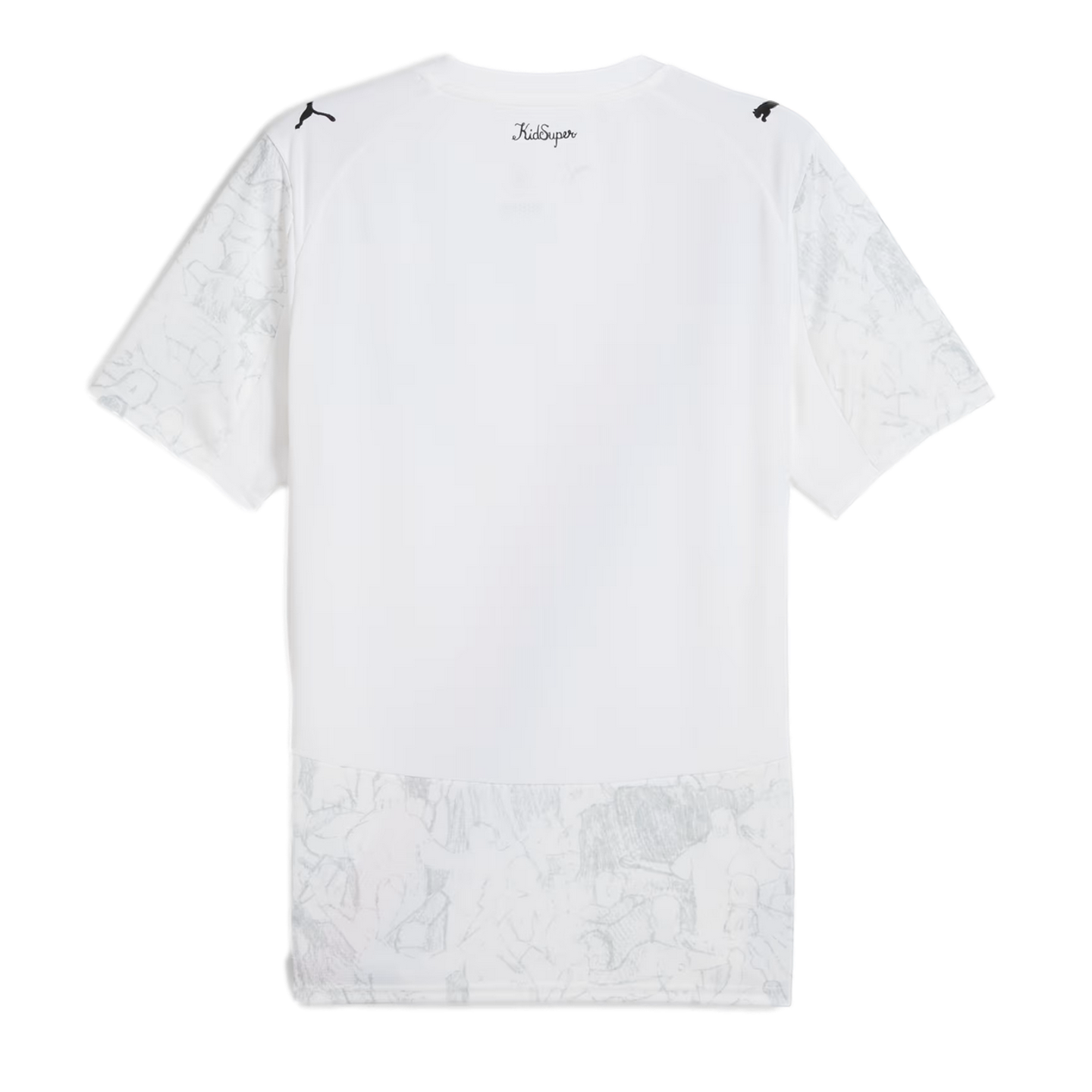 Back view of a white short-sleeved jersey with Puma logos on the shoulders, cursive "KidSuper" text, and light gray sketch-style patterns on the sleeves and lower hem.