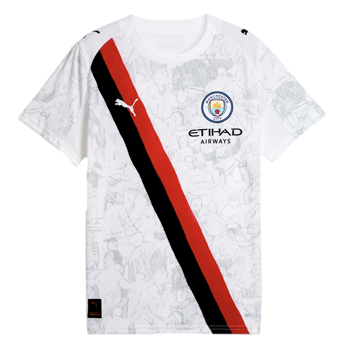 A white Manchester City soccer jersey featuring a red and black diagonal sash, a faint grey crowd graphic pattern, the club crest, and sponsor logos.
