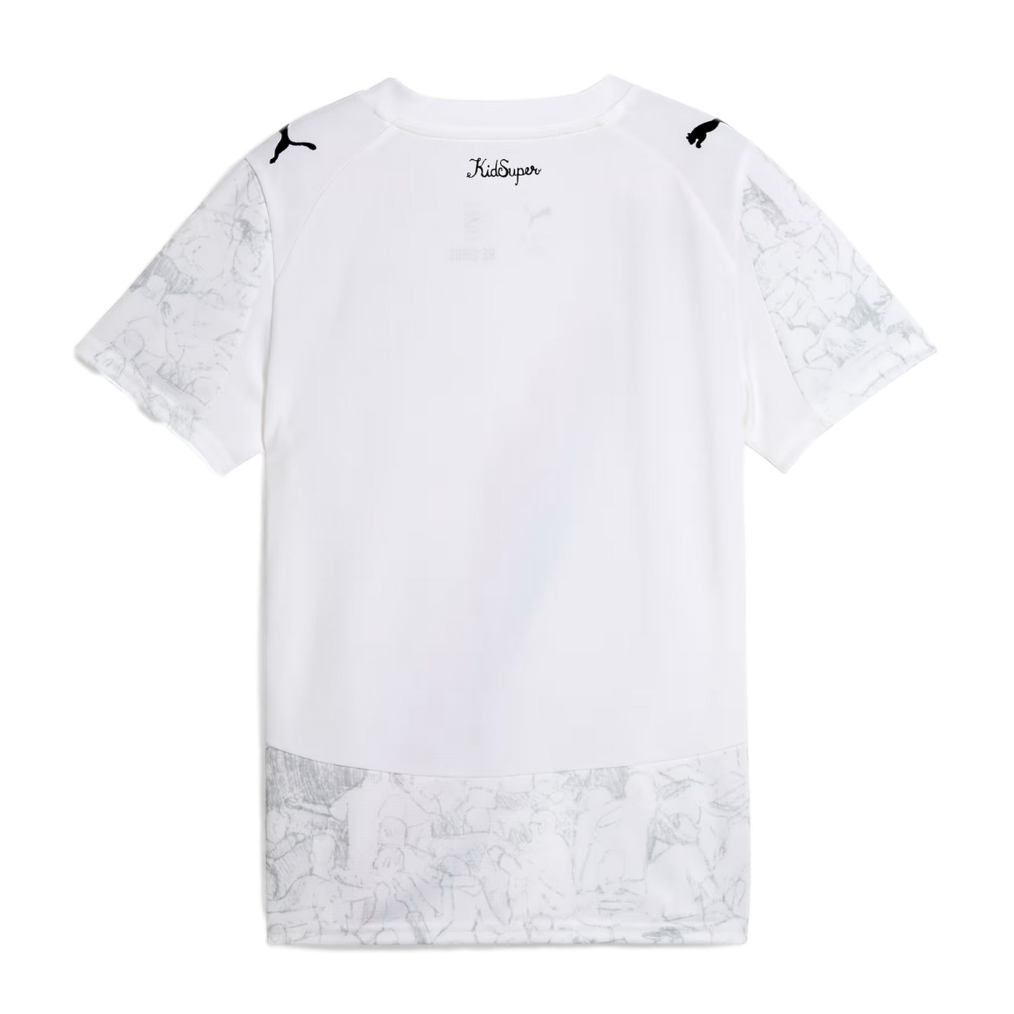 Back view of a white short-sleeved Puma t-shirt. Features black shoulder logos, 'KidSuper' neck branding, and a light gray sketched pattern on the sleeves and bottom panel.
