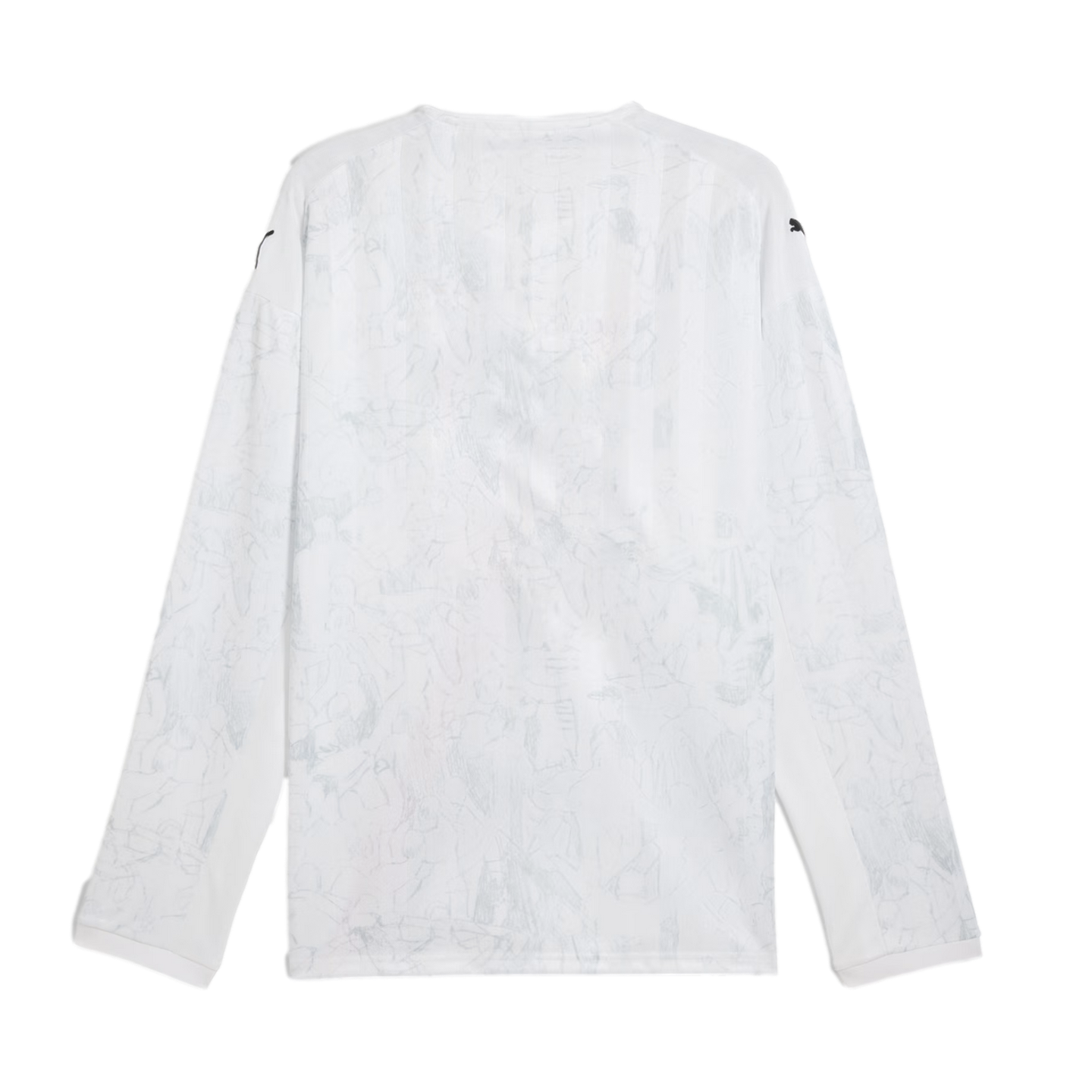 Rear view of a white long-sleeved Puma jersey featuring a subtle light gray abstract graphic pattern and small black logos on the shoulders.