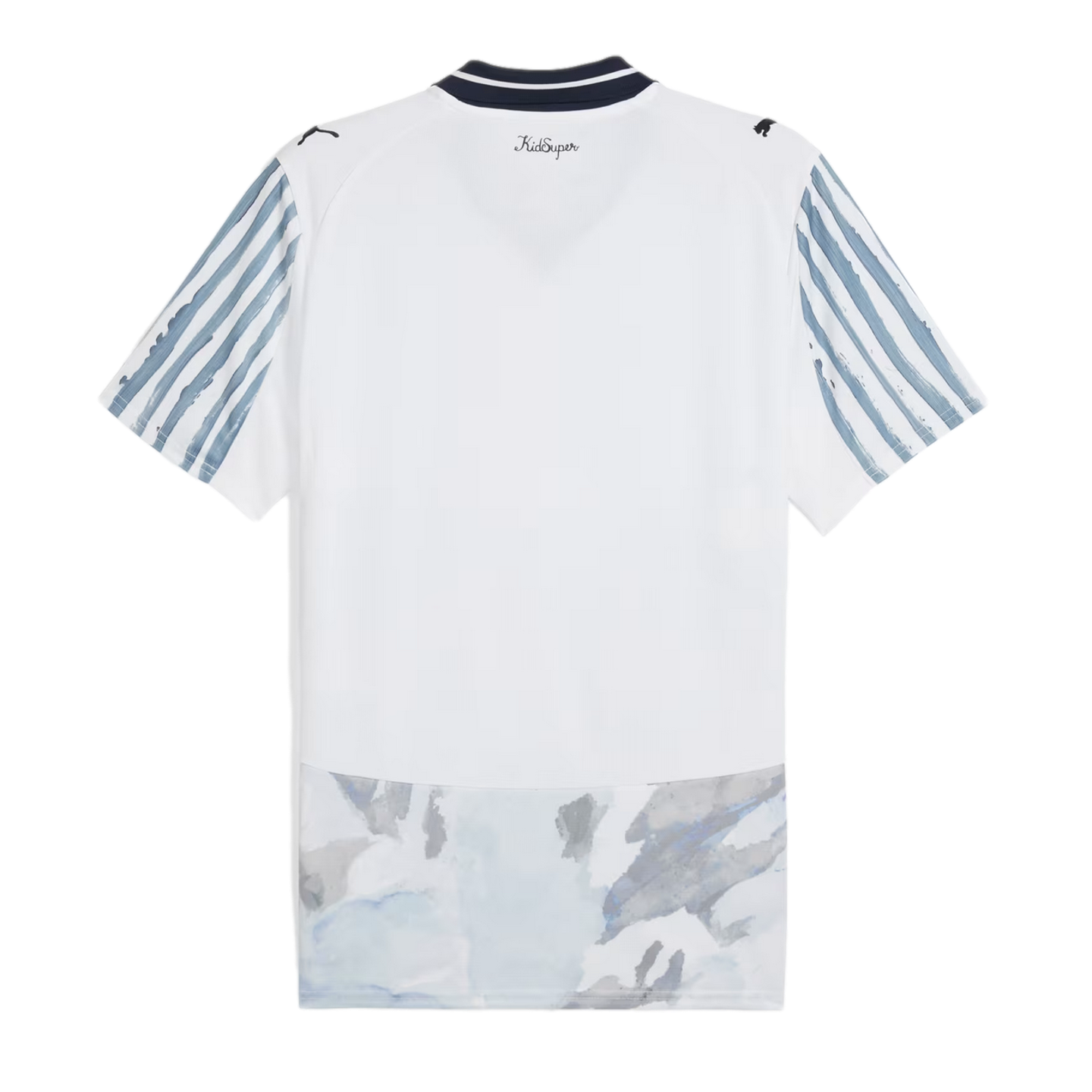 Back of a white sports jersey with blue-striped sleeves, a navy collar, and an abstract grey-blue watercolor design across the bottom hem.